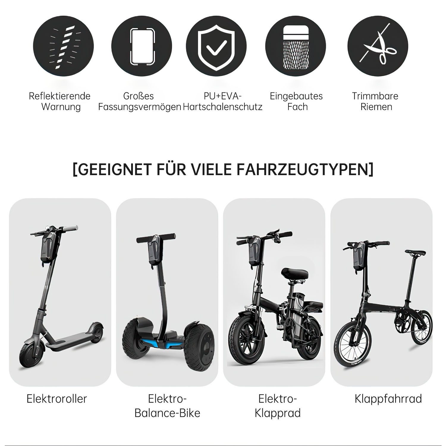 Refined Living Fahrradtasche E Scooter Tasche 3L Große Kapazität Schnellverschluss Wasserdichte (Lenkertasche wasserdicht mit Tragegriff für E-Scooter Elektroroller, 1-tlg., E Roller Tasche Eva Taschen für Scooter E roller zubehör), Vordertasche für Elektroroller Roller Tasche Front Tube Bag