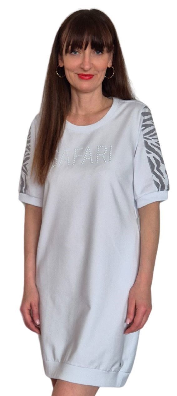 Gio Milano Sweatkleid G28-5101, mit Zebramuster und 'SAFARI' Steinbesatz Zebramuster auf Schultern