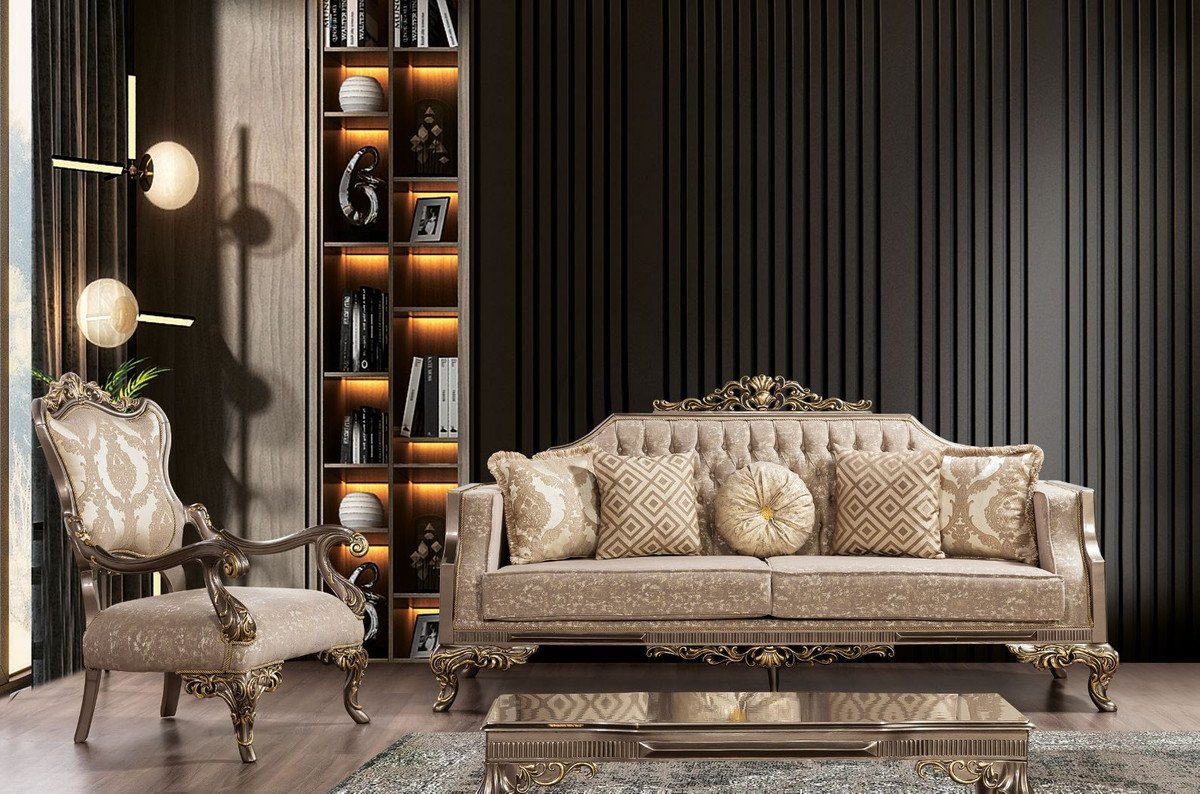 / Padrino - Barock Sessel Silber Wohnzimmer Möbel Sessel mit Casa / / Grau Prunkvoller Beige Gold Wohnzimmer - Luxus Handgefertigte Sessel Barock Muster