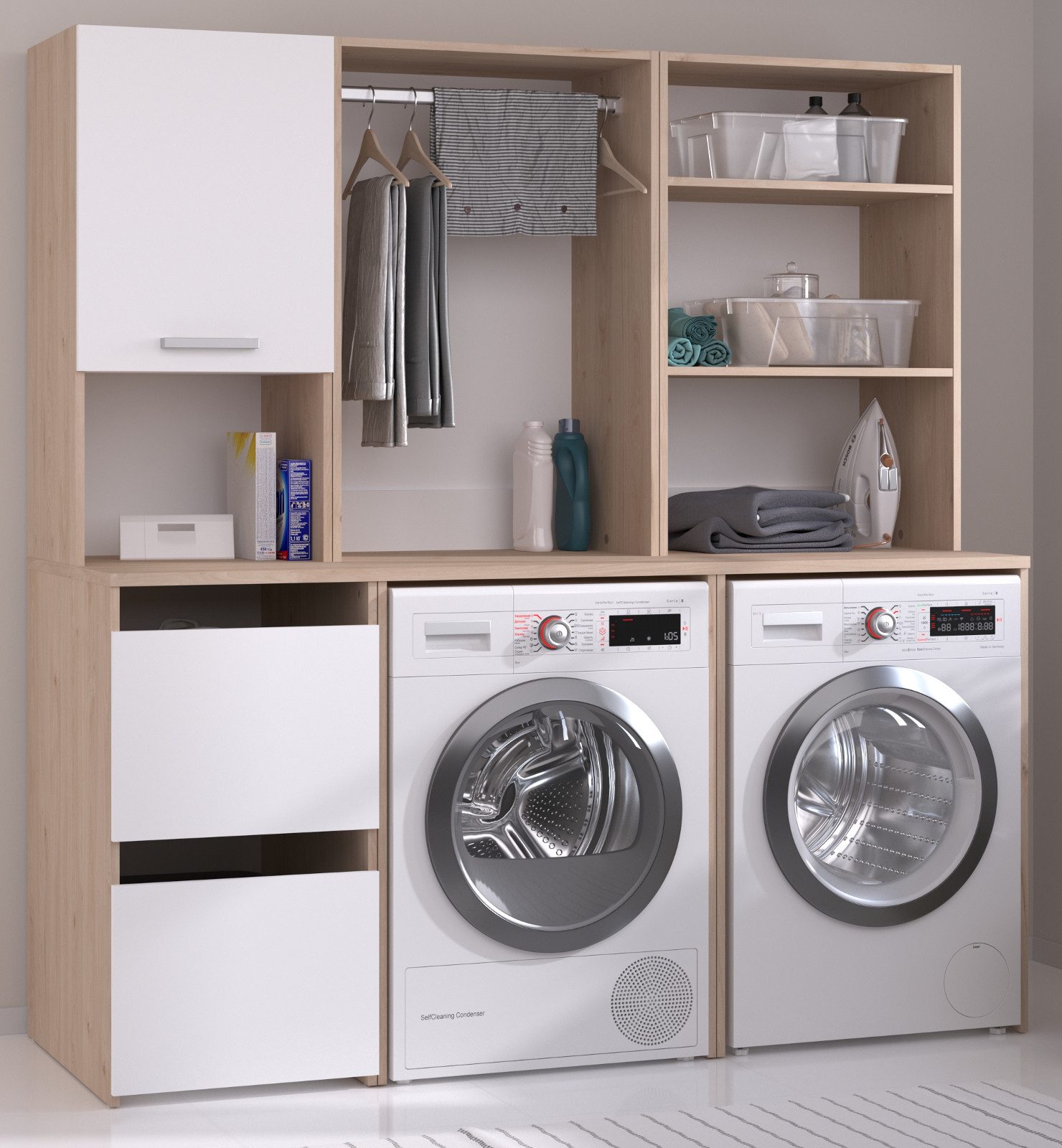 Parisot Waschmaschinenumbauschrank Laundry (Set mit 2x Umbauschrank und Hochschrank, weiß und Eiche Dekor, Breite 175 cm) mit viel Stauraum – Bild 5 von 5