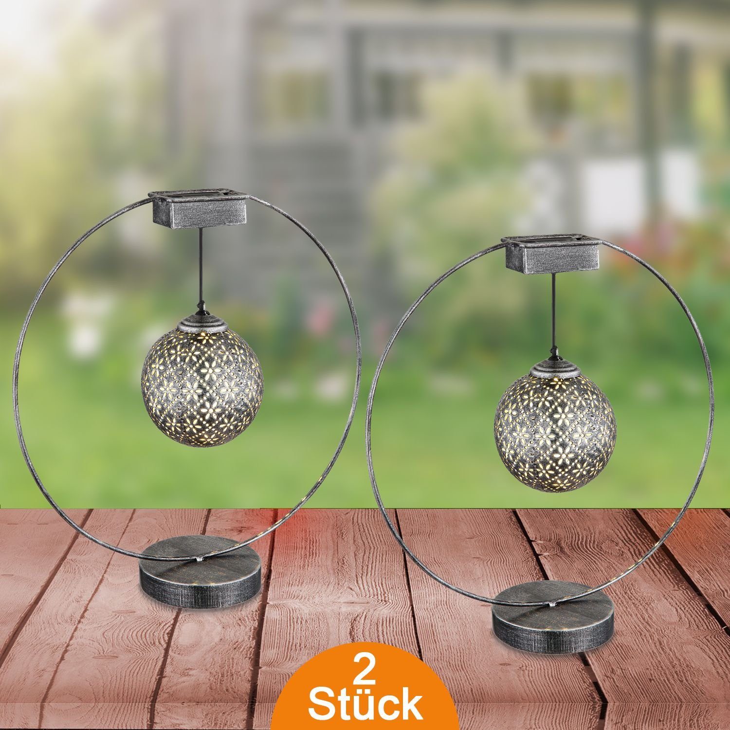 bmf-versand LED Solarleuchte Solarleuchte Garten Ring Kugel 2er Set Solarlampe Außen Außenleuchte