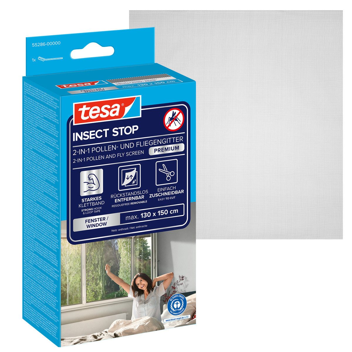 tesa Fliegengitter-Gewebe Pollenschutzgitter 2-in-1 Pollenschutz und Fliegengitter, transparent, (Packung, 1-St., Fliegennetz, Klettband), Insektenschutz mit Sonnenschutz, ohne Bohren, Anthrazit, 130x150cm