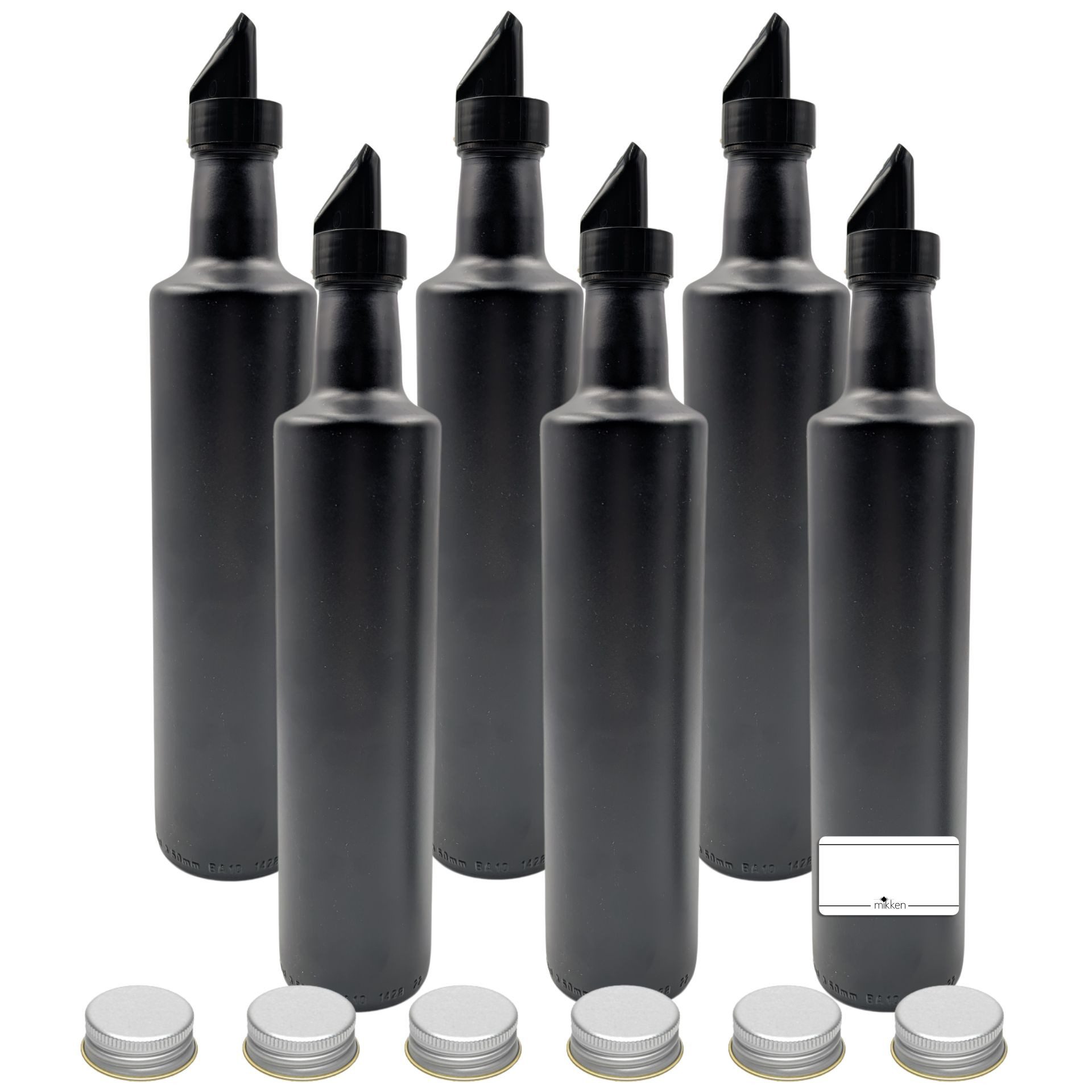 Ölspender 6er Set Ölflaschen schwarz 500ml mit Ausgießer Glasflasche + Etiketten