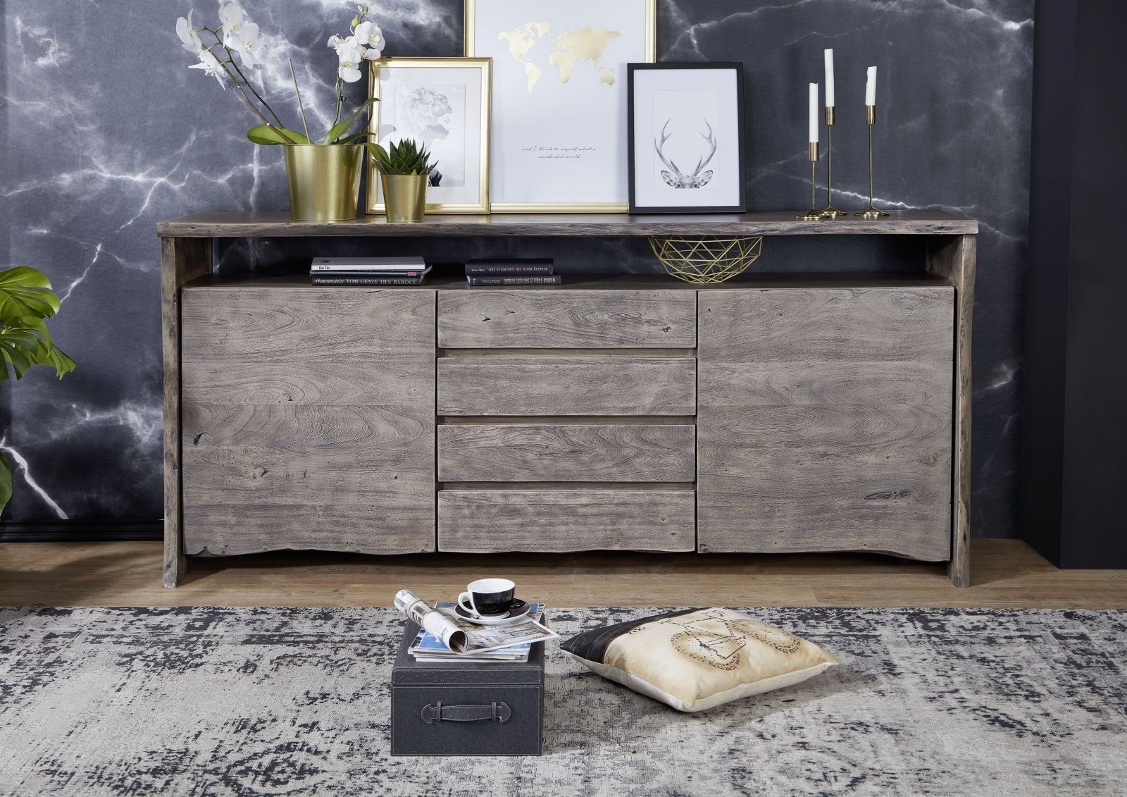 Massivmoebel24 Sideboard PURE ACACIA (Massivholz), Sideboard Akazie210x45x96 grau lackiert PURE ACACIA #901
