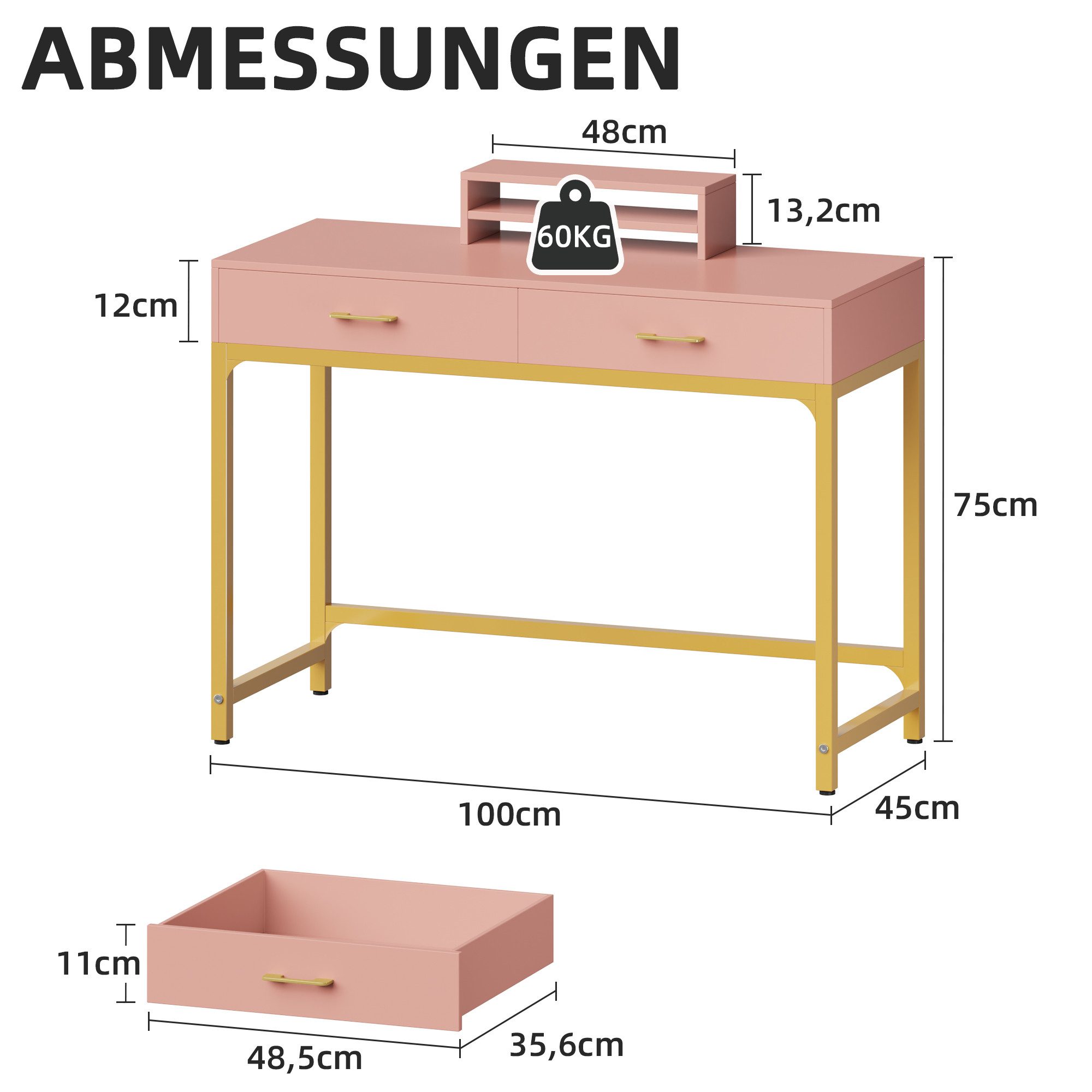 OYRREU Schreibtisch mit Schubladen/Monitorständer/Rückwand, modern, vintage Schminktisch (Set, mit Aufbewahrung), freistehender Schminktisch Boudoir