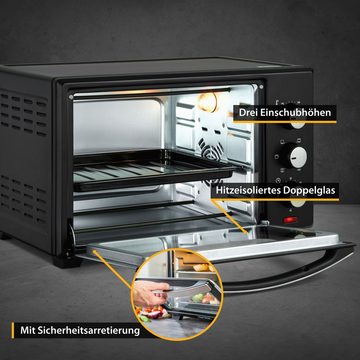 TZS FIRST AUSTRIA Minibackofen 35L Mini Backofen, 1600 W, mit Innenbeleuchtung und Umluft, Pizzaofen, Mini Pizza-Ofen, Doppelglastür, Timer, herausnehmbares Krümelblech