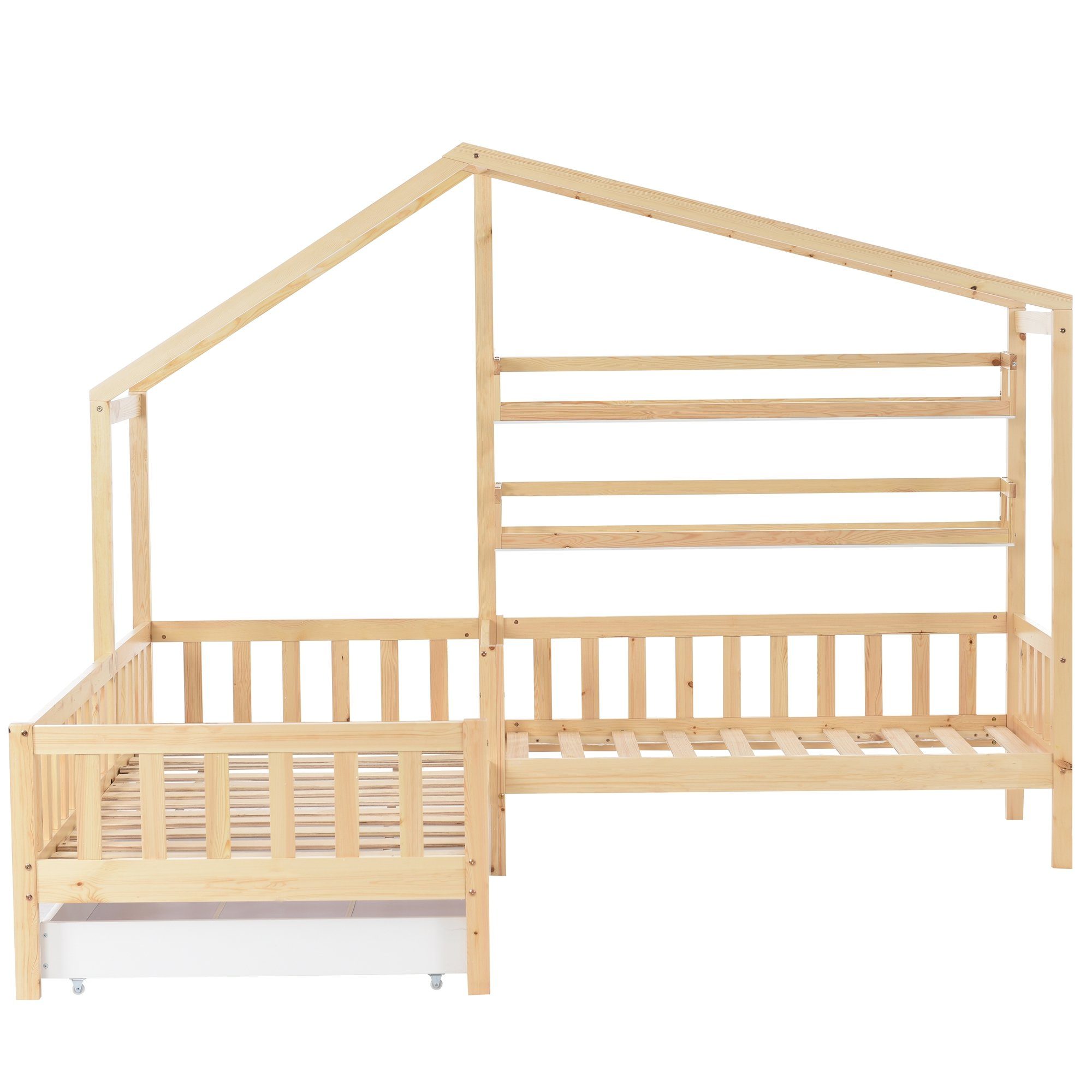 Kinderbett (1-tlg., Hausbett mit 2. Schlafgelegenheit, 90x200 cm, 70x140cm), Einzelbett mit Schublade, Regalen, Lattenrost, Zaun und Rausfallschutz