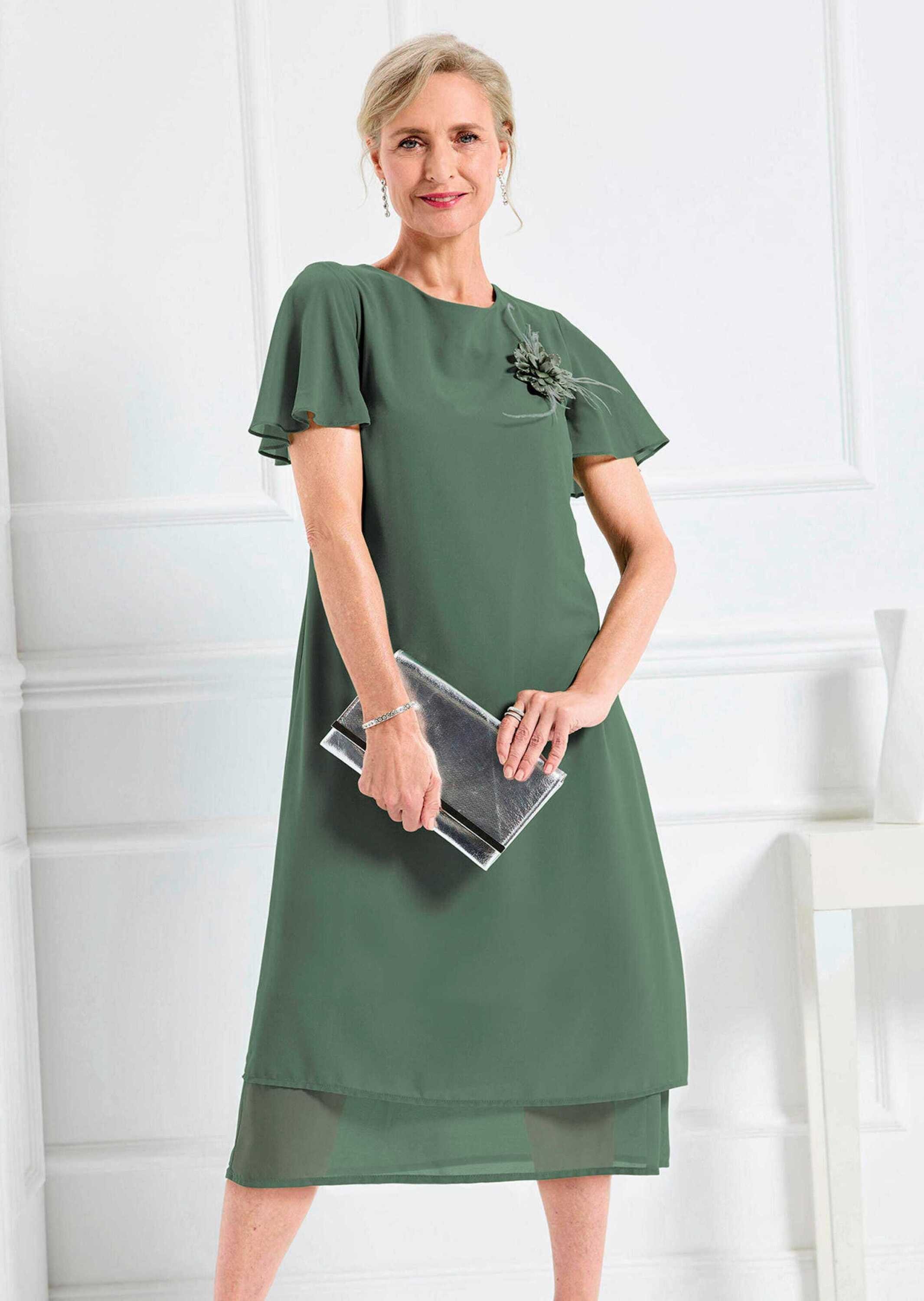 GOLDNER Sommerkleid Kurzgröße: Abendkleid mit abnehmbarer Brosche Eventkleid mit U-Boot-Ausschnitt, Knielänge und Viertelarm