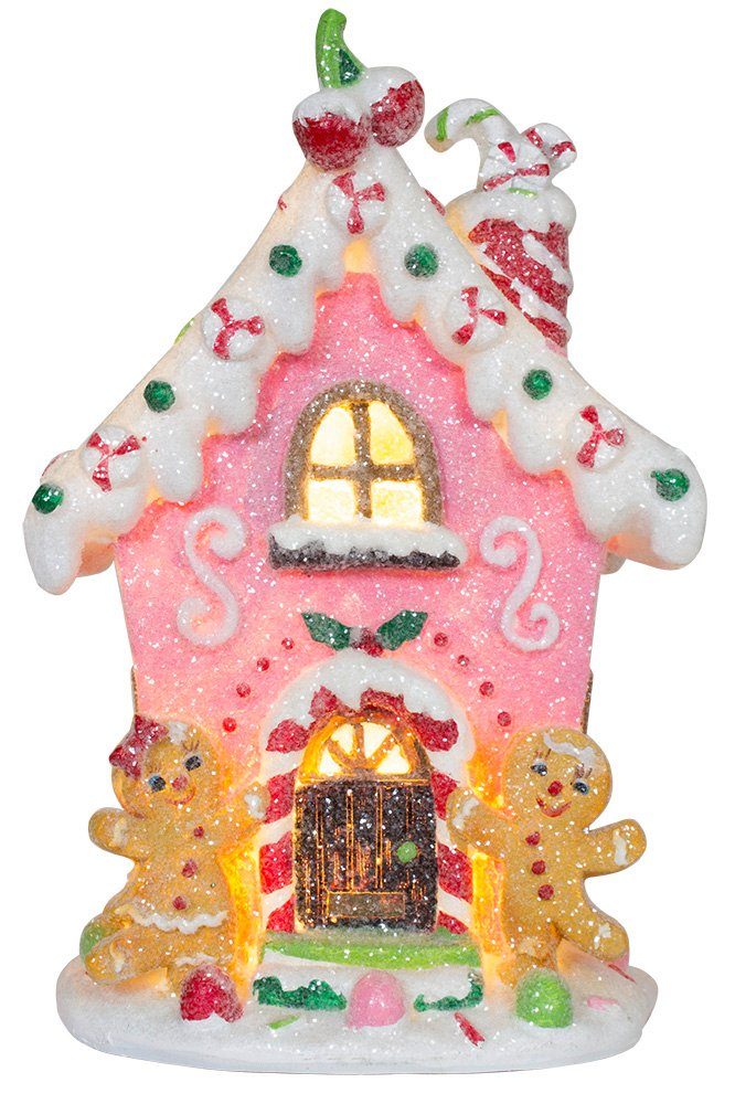 Christmas Paradise Rosa mit bunt Pfefferkuchenhaus, 20cm Weihnachtliche LED Glitzer Lebkuchenhaus mit Dekoration, Weihnachtshaus