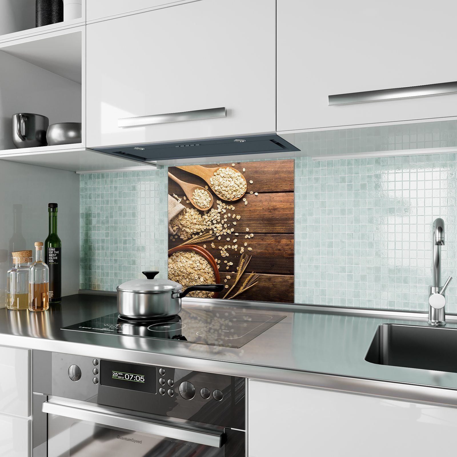 Primedeco Küchenrückwand Küchenrückwand auf Haferflocken Spritzschutz mit Motiv Glas Holzlöffel