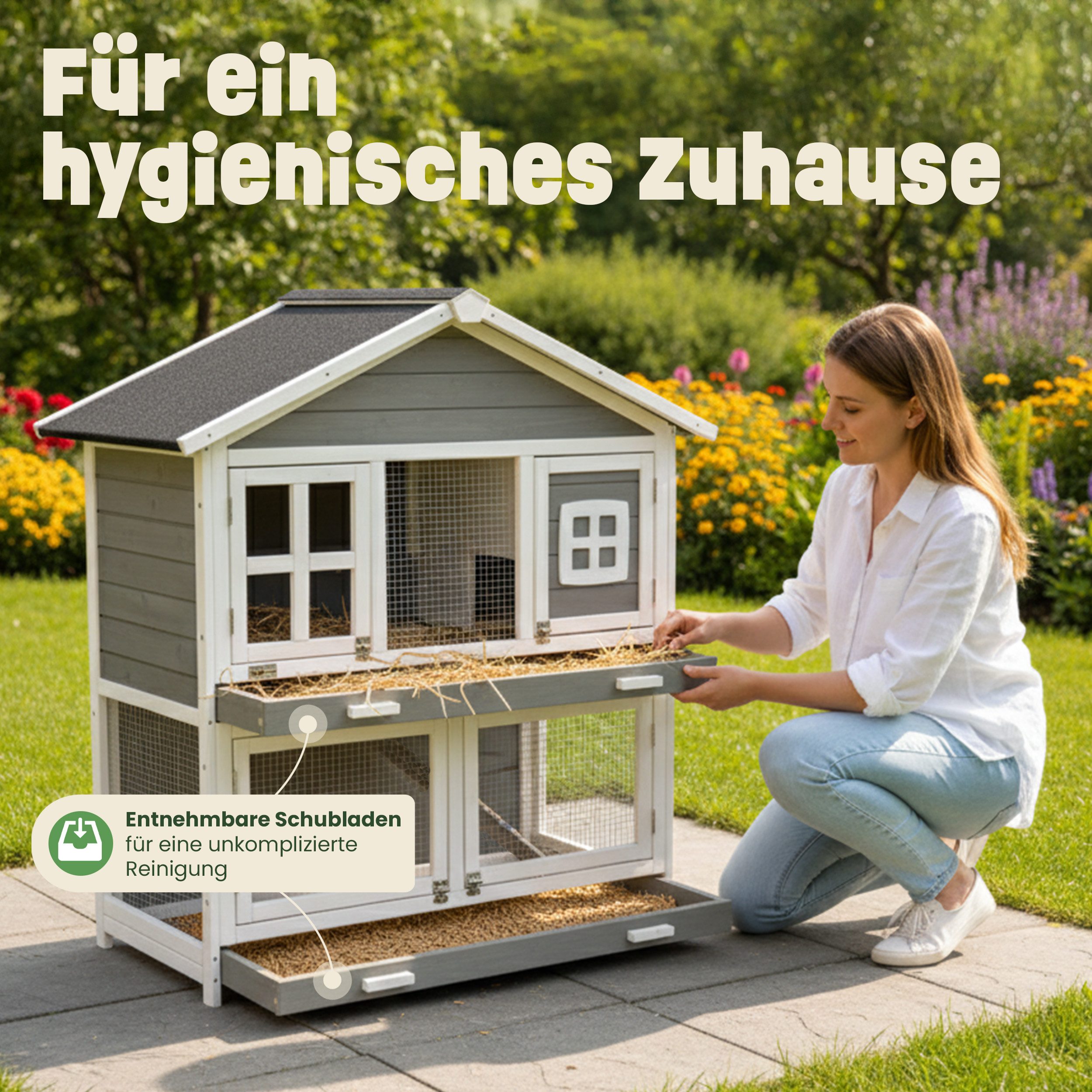 Zooprinz Kleintierstall Kaninchenstall Hasenstall Murmel, 2 Etagen, langlebiges Vollholz, Wetterfest, Winterfest, Abnehmbares Dach, Innovatives Design
