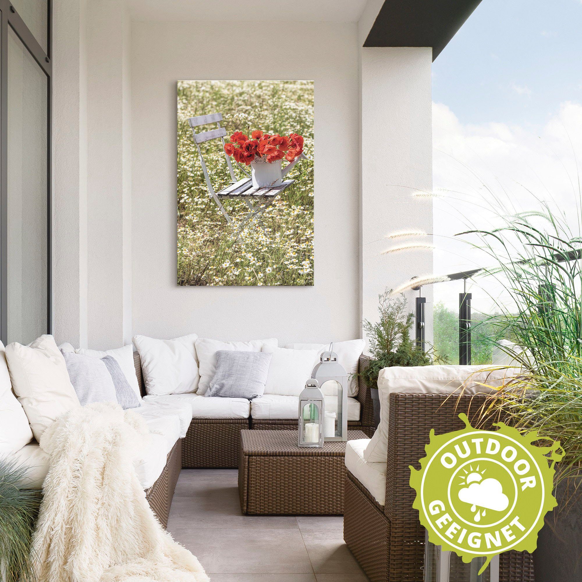 Artland Alu-Dibond-Druck Stuhl im Kamille Feld mit Mohnblüten, Blumenwiese (1 St), für Innen- und Außenbereich geeignet, Outdoorbild