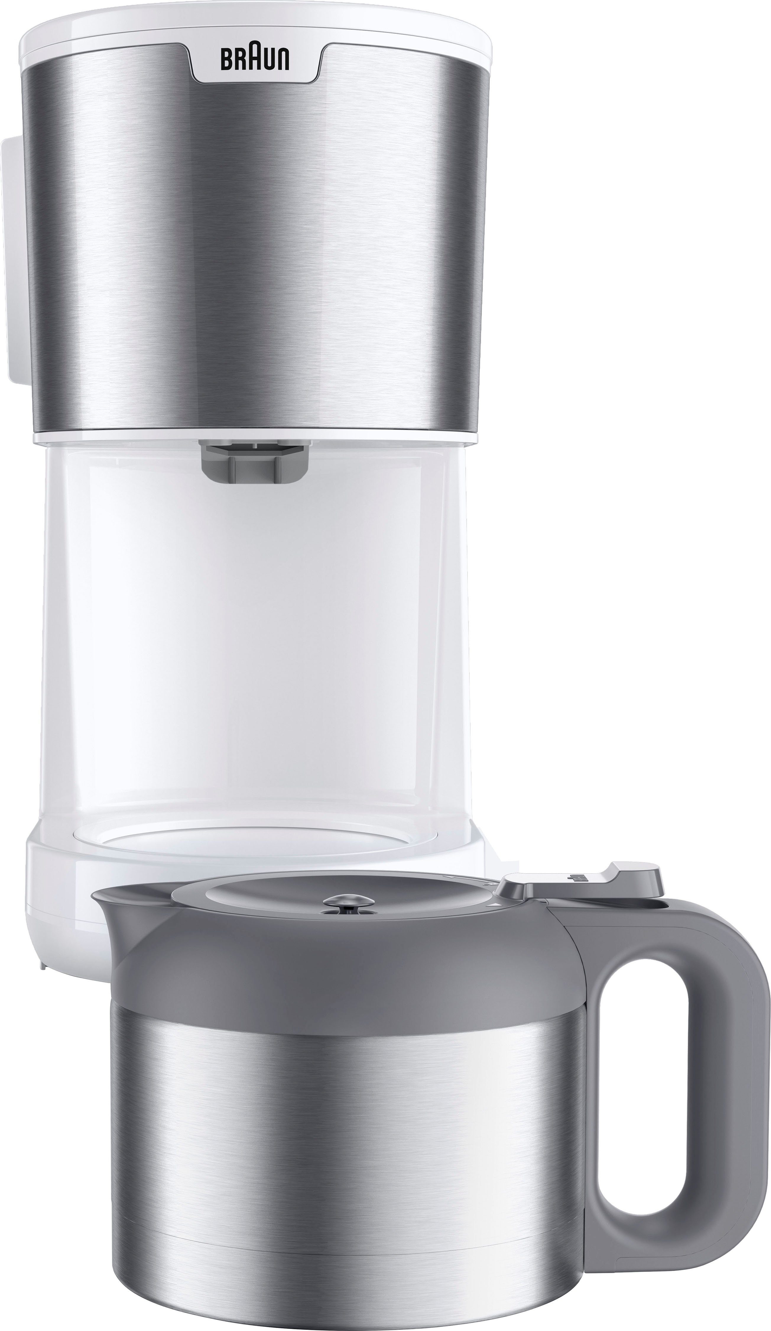 Braun Filterkaffeemaschine PurShine KF1505 WH mit Thermokanne, 1,2l Kaffeekanne, Papierfilter, 1000W, automatische Abschaltung, herausnehmbarer Filterkorb, Edelstahl