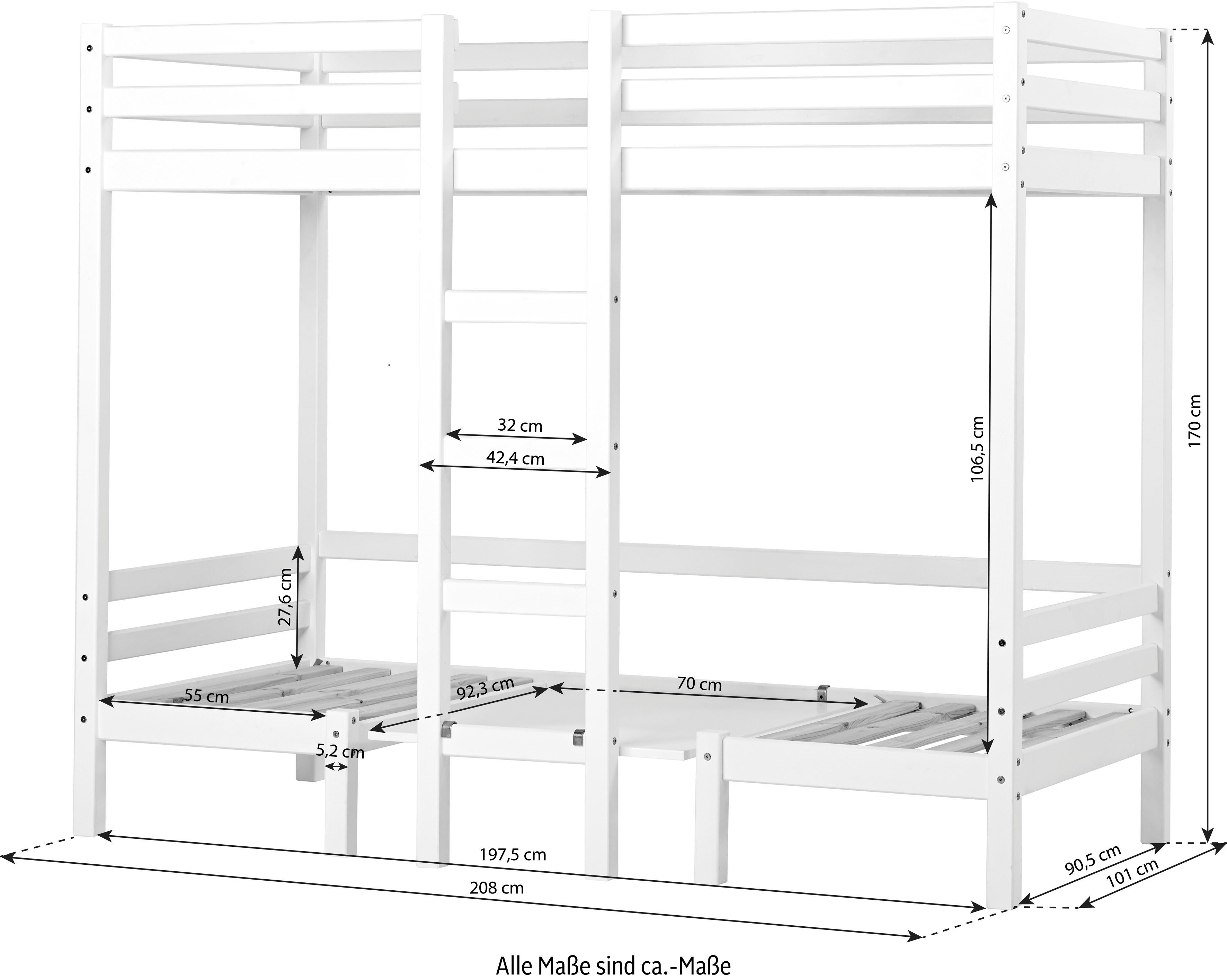 Hoppekids Hochbett ECO Dream JUMBO B/T/H 101/208/170 cm, umbaubar zum Etagenbett mit Sitzgruppe, Matratzen (oben u unten) in schwarz, Kiefer massiv/MDF