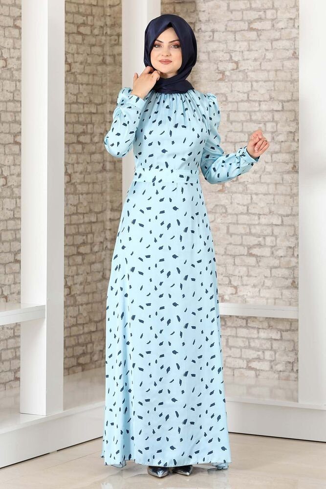 aus Modavitrini Abendleid Hijab Satin Kleid Baby-Blau Abaya gemustertes Mode Abiye Satinkleid