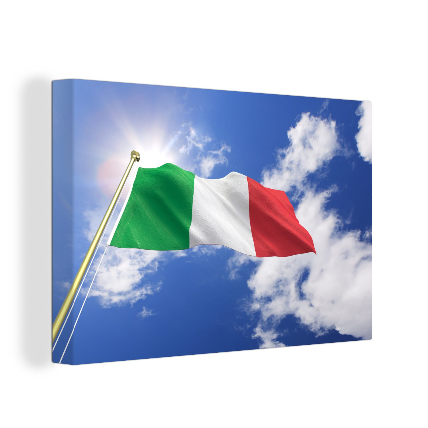 OneMillionCanvasses® Leinwandbild Die Flagge Italiens weht am Himmel, (1 St), Wandbild Leinwandbilder, Aufhängefertig, Wanddeko, 30x20 cm