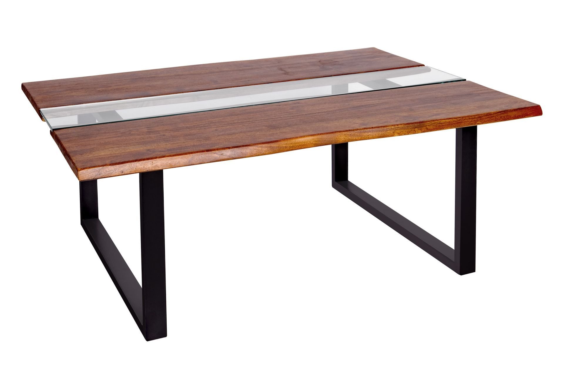 SAM® Couchtisch Franziska, massives Akazienholz mit Glaseinsatz, Baumkante, U-Gestell Metall