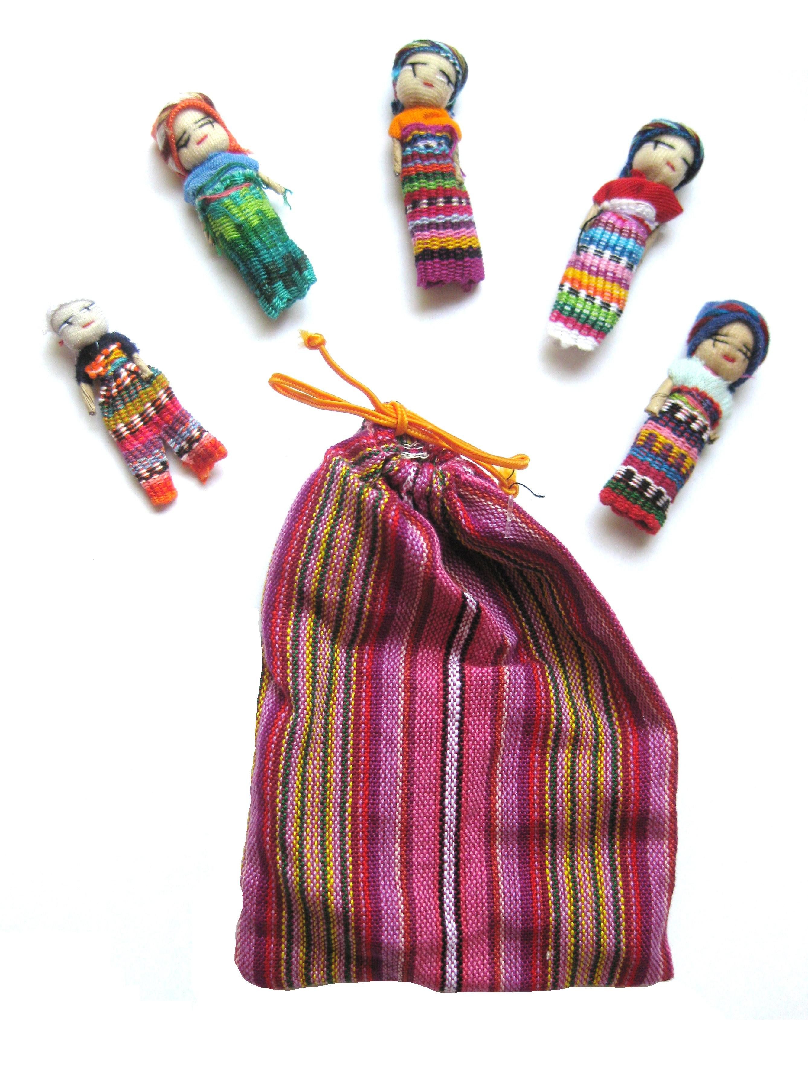 WORU Minipuppe Sorgenpüppchen im Beutel, gross, Sorgenpuppe, Sorgenfresser (5-tlg)