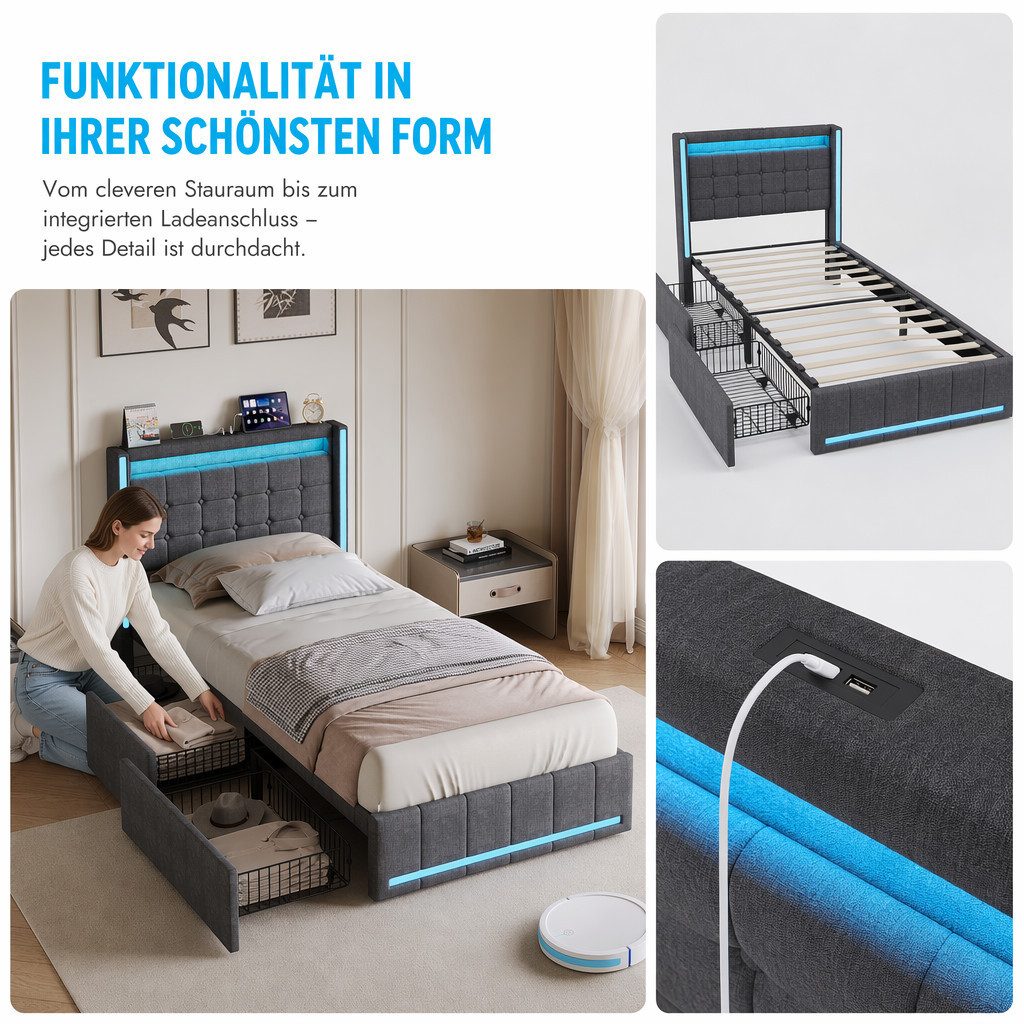 Simurq Einzelbett Polsterbett 90x200 mit Stauraum, Jugendbett, Gästebett, Mit Lattenrost, 2 Schubladen, USB Port & LED, Leinen