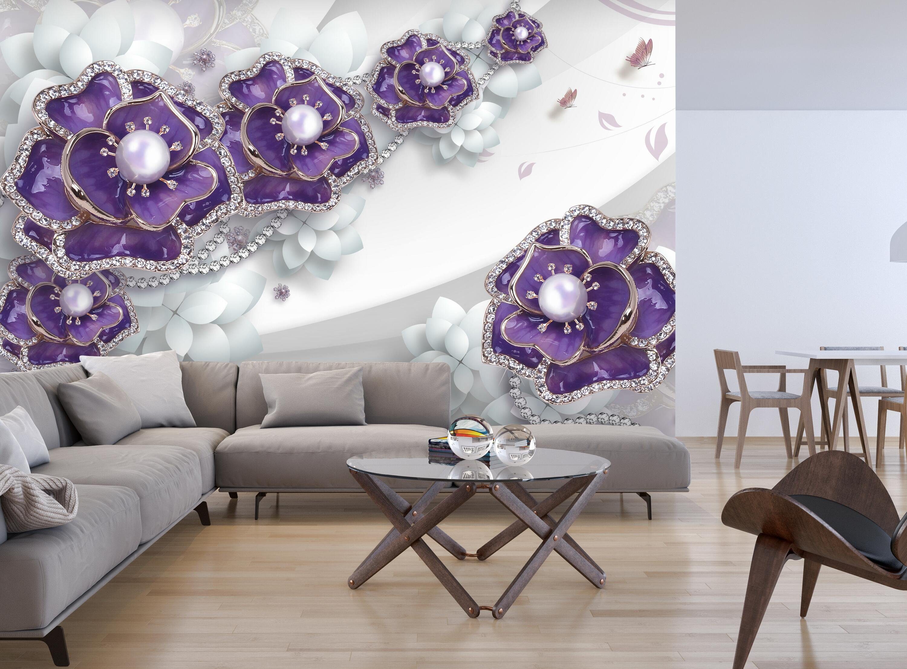 Fototapete glatt, Vliestapete wandmotiv24 Wandtapete, weiß, 3D matt, Motivtapete, violett Perlen Blumen