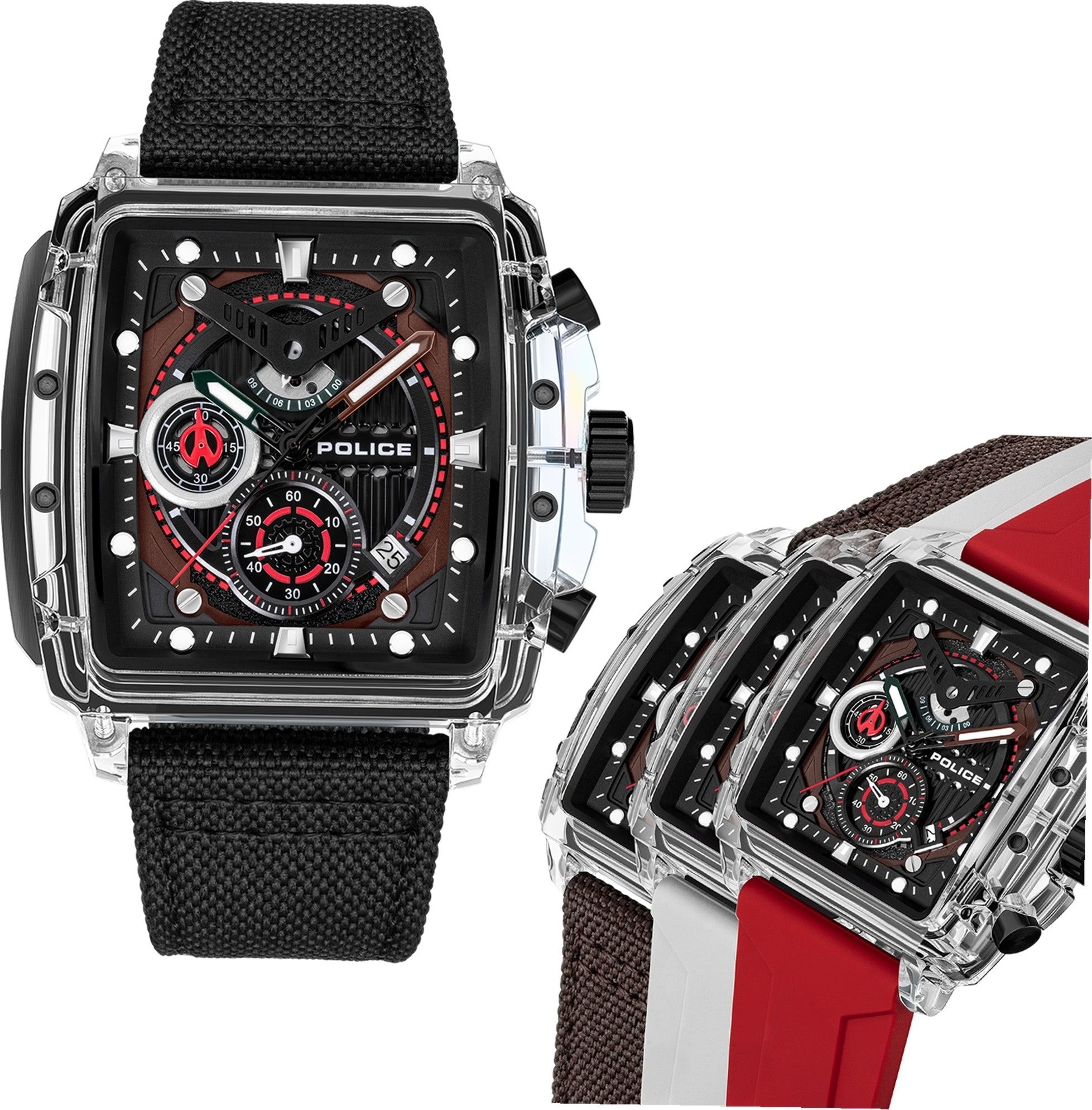 Police Chronograph Police Herrenuhr Silikon Textil, (Chronograph), Herrenuhr quadratisch, extra groß (ca. 43x43,8mm) Textilarmband, Sport