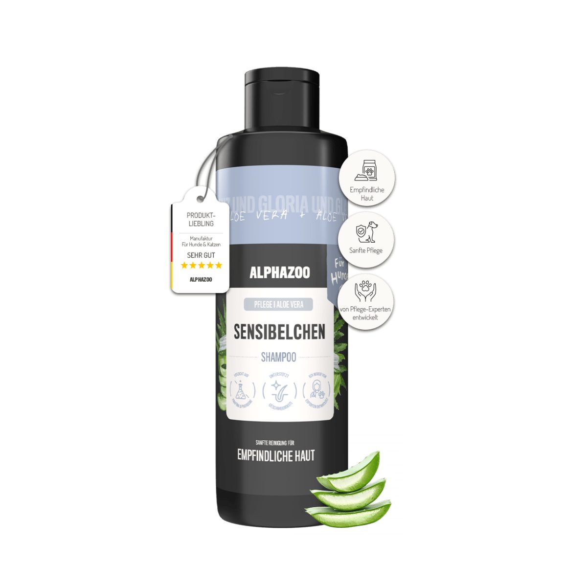 ALPHAZOO Tiershampoo Sensibelchen Shampoo für Hunde 250 ml, 250 ml, (1-St., Aloe Vera Hundeshampoo), Mildes Hundeshampoo für sensible Haut dank Aloe Vera