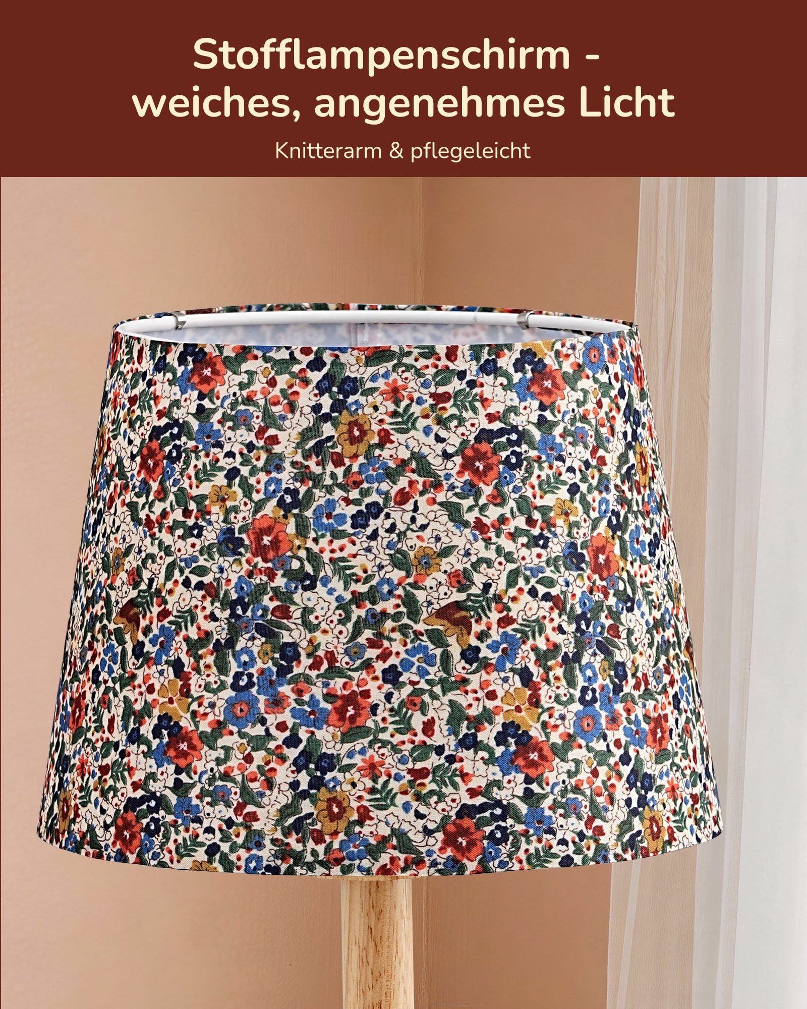EDISHINE Nachttischlampe Landhaus Stoffschirm mit Vintage-Blumenmuster, LED wechselbar, 2700K Warmweiß, Tischlampe mit Massivholzsockel, 2700K Warmweiß, inkl. 4W LED