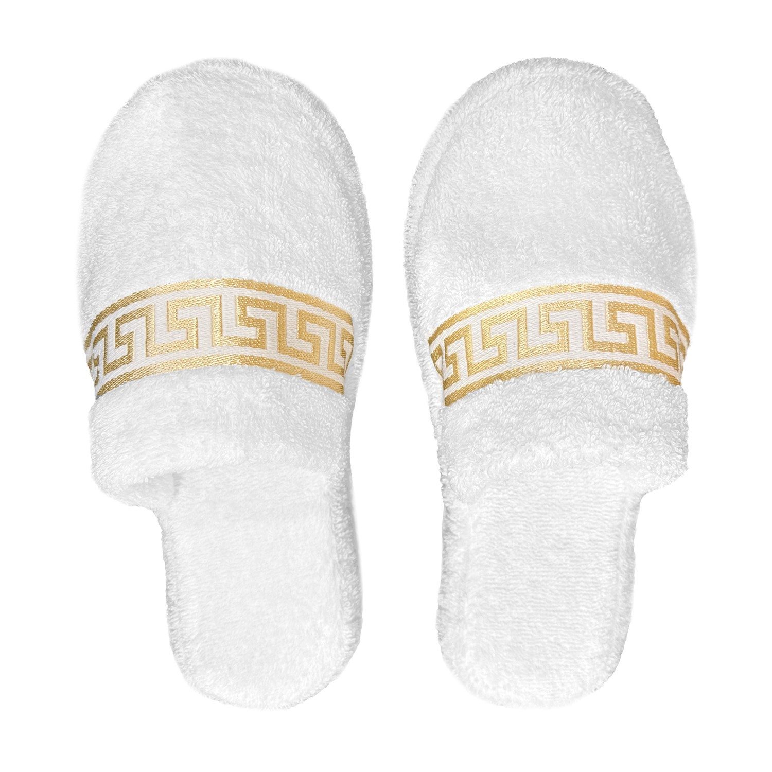Belle Arti Luxus Gäste Hausschuhe Homeslipper Damen Herren Mäander weiss gold Spa Pantoffel