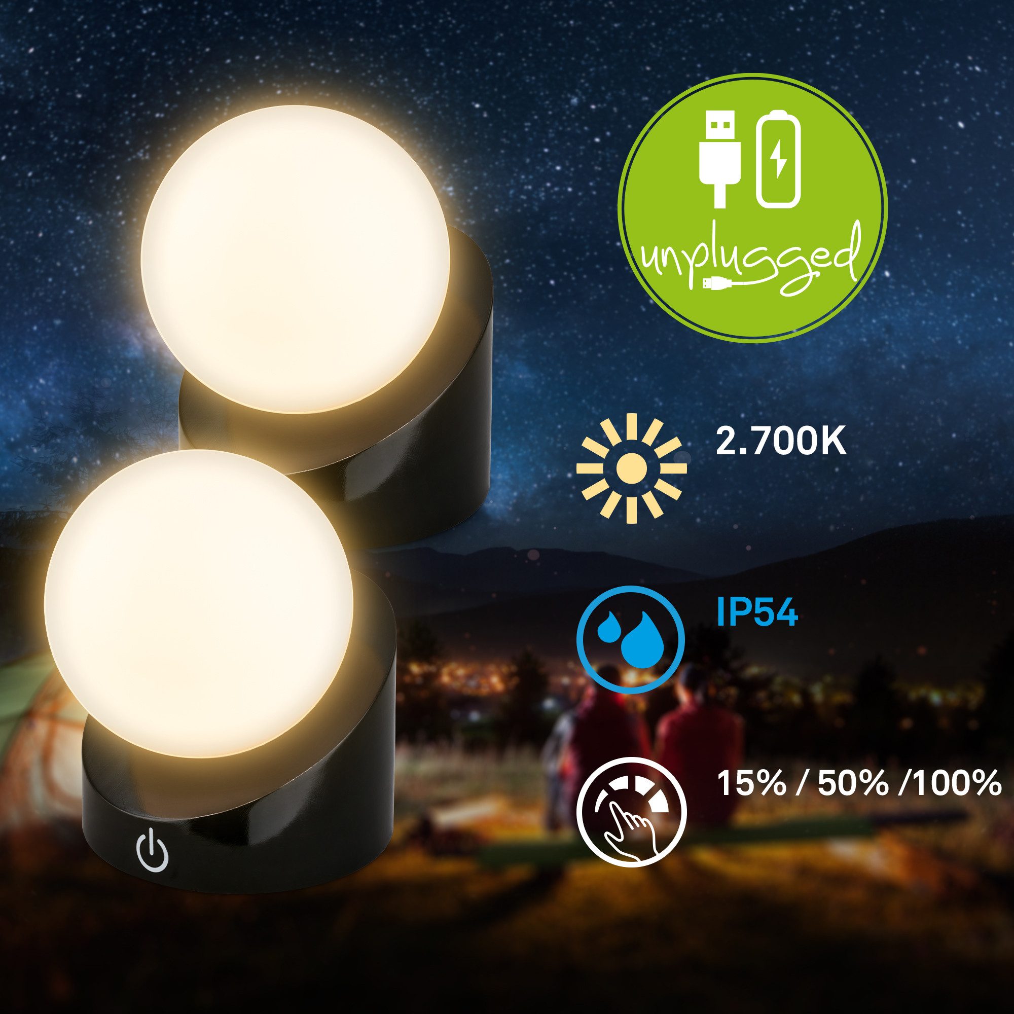 Briloner Leuchten LED Außen-Tischleuchte SORA, Dimmfunktion, LED fest integriert, Warmweiß, kabellos 10x8x9cm Schwarz 2W Kinderzimmer Flur Outdoor Aussen 2er-Set