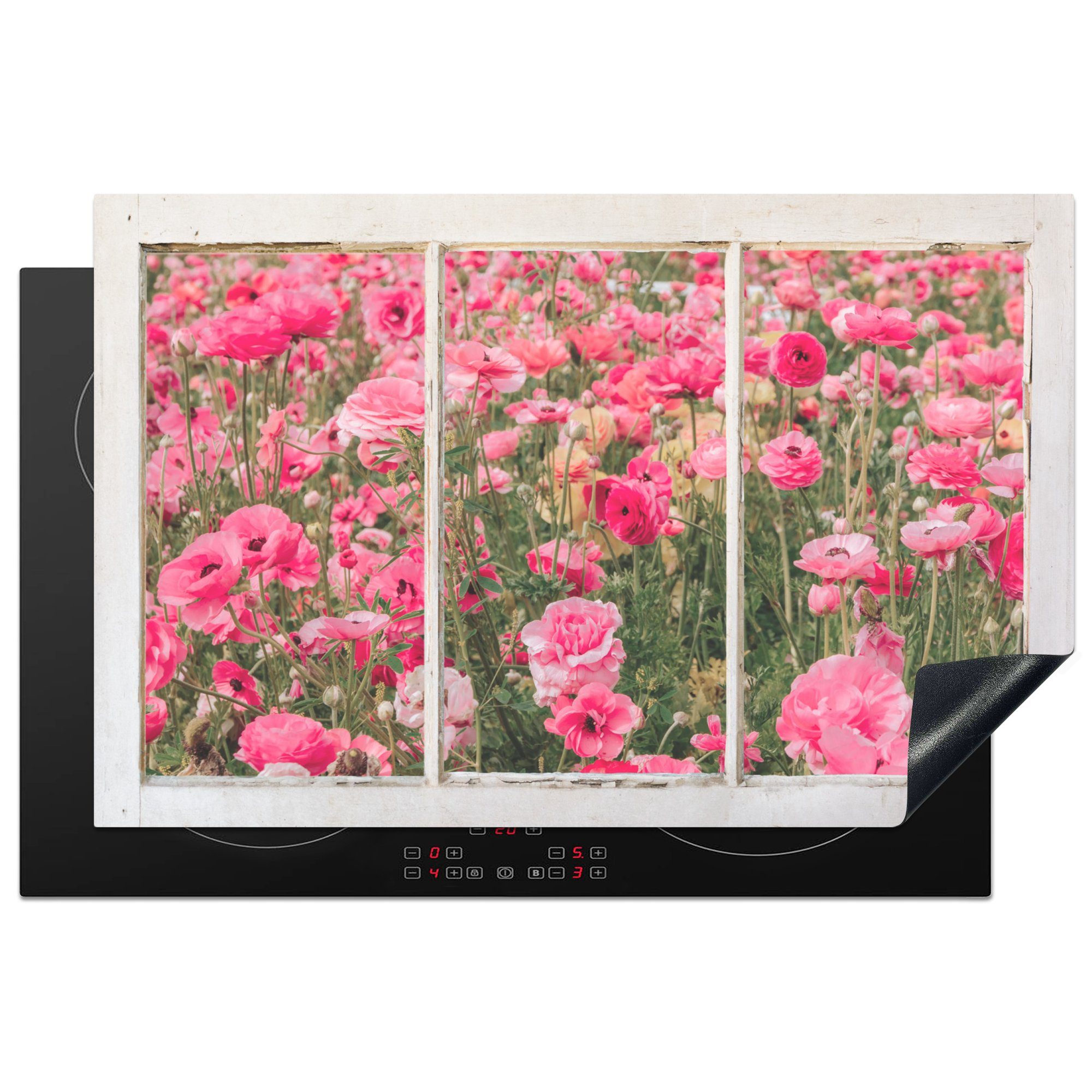MuchoWow Herdblende-/Abdeckplatte Durchsichtig - Blumen - Rosa, Vinyl, (1 tlg), 81x52 cm, Induktionskochfeld Schutz für die küche, Ceranfeldabdeckung