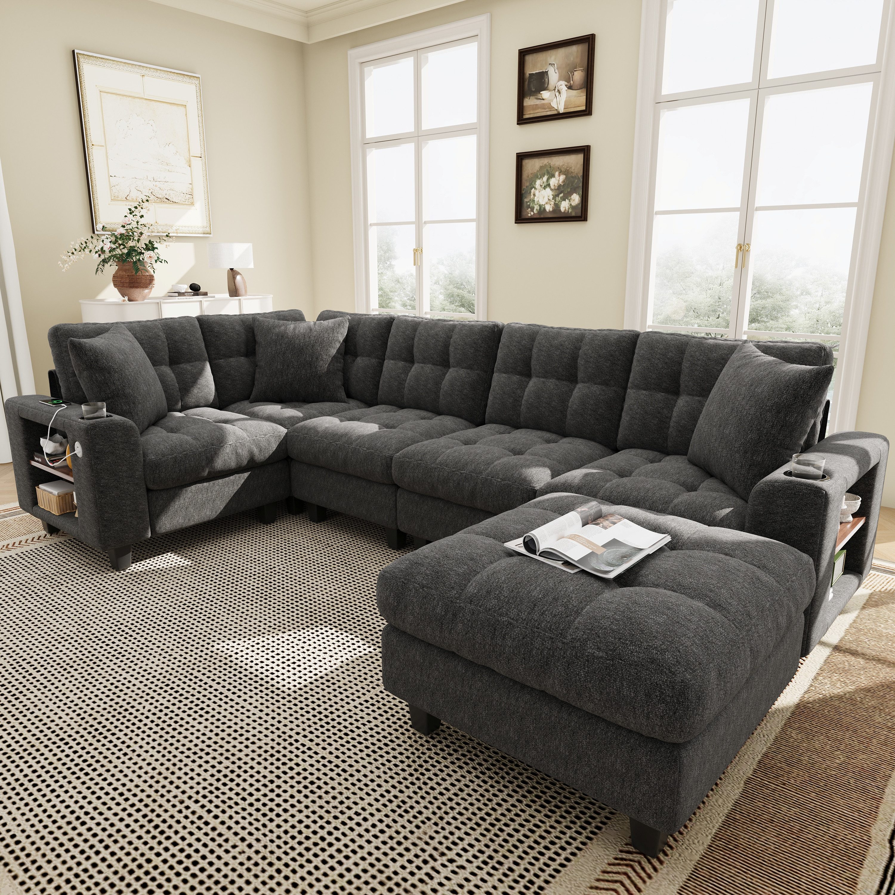 Merax Ecksofa U-förmiges XXL-Modulares Sofa mit USB-Anschlüssen, Chenille-Sofa, ideal für Wohnzimmer 1 Teile, 6-Sitzer-Sofa mit Bücherregal-Armlehnen, Hocker, Becherhalter & Kissen
