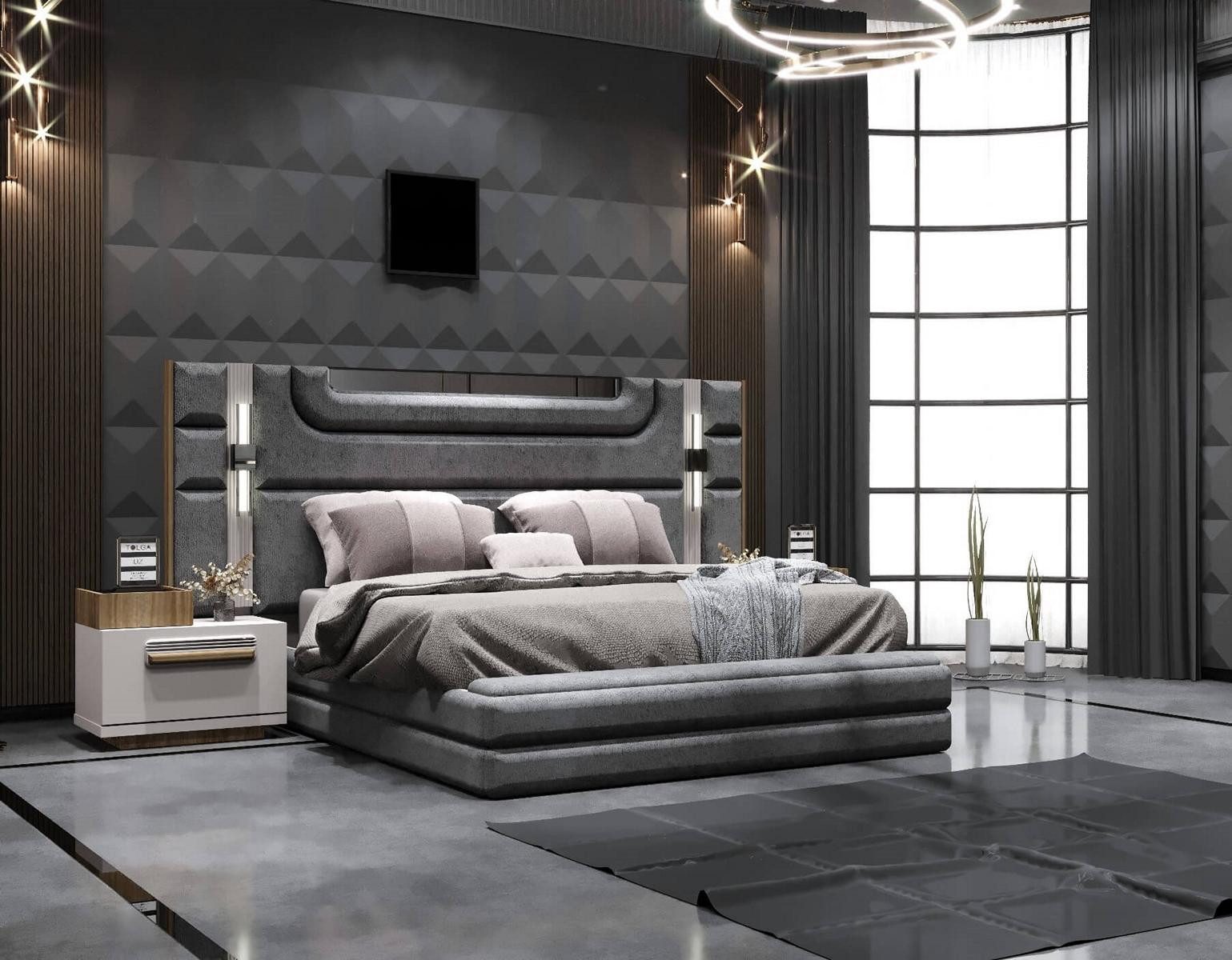 JVmoebel Schlafzimmer-Set Stilvolles Schlafzimmer Set – Bett mit 2 Nachttischen & LED, (3-tlg)