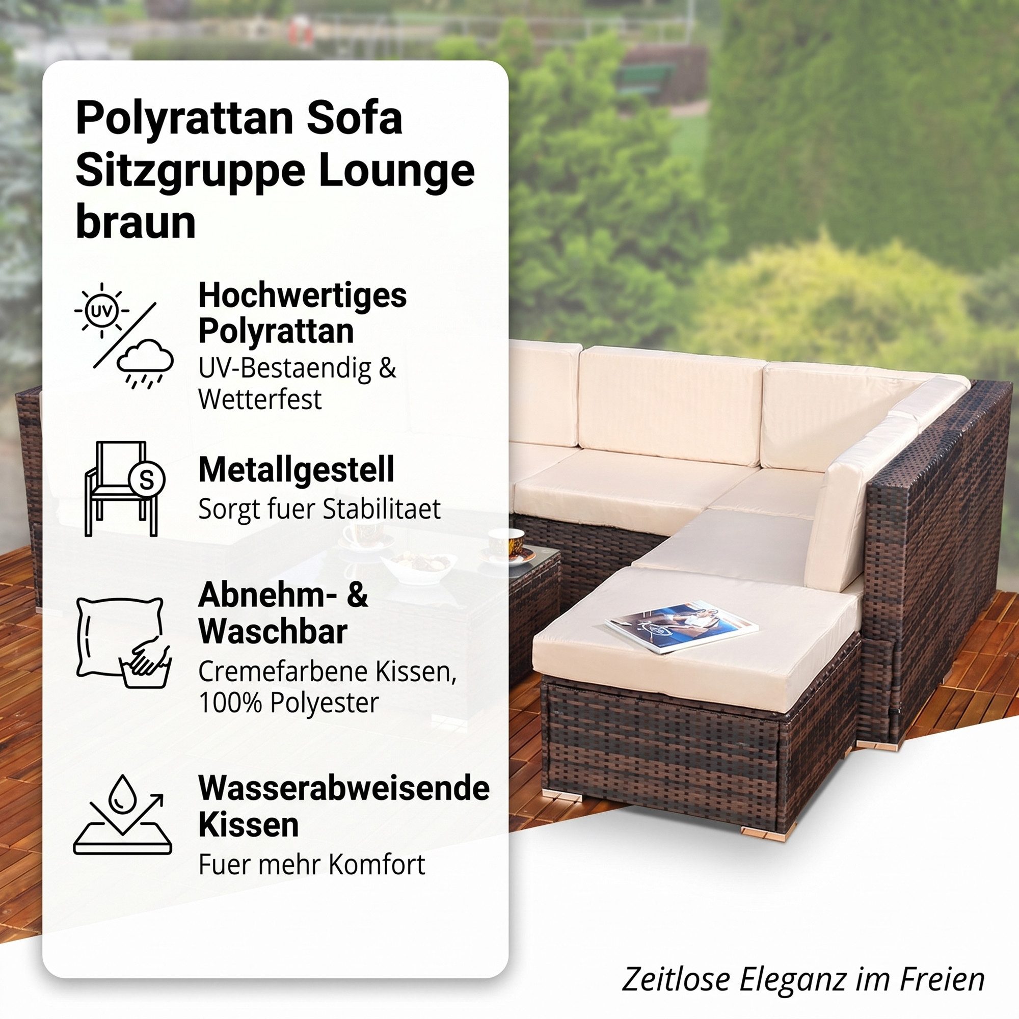Mucola Gartenlounge-Set Lounge Gartenmöbel Set Sitzgruppe Polyrattan Gartenlounge Gartenmöbel, (Set, 1x Mehrteiliger Sofa 1x Ottomane 1x Tisch), Kissen inkl. Reißverschluss, daher abnehm- und waschbar