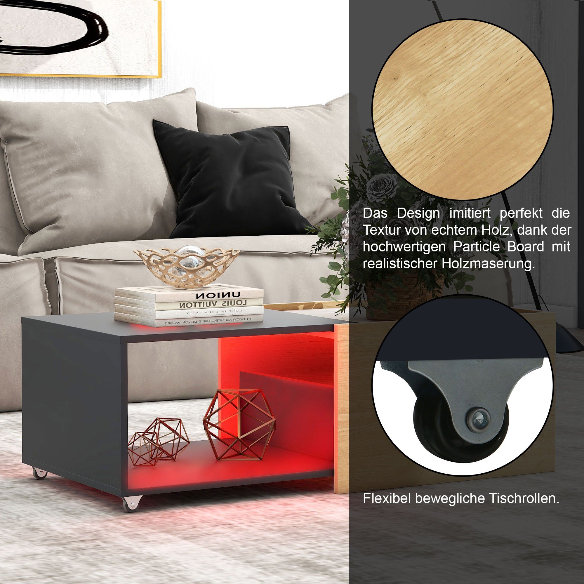 OKWISH Couchtisch Wohnzimmertisch Zweifarbiges Mobilität Spleißdesign Design), Flexibilität (Ausziehbares ausziehbarem Tischplatte mit und