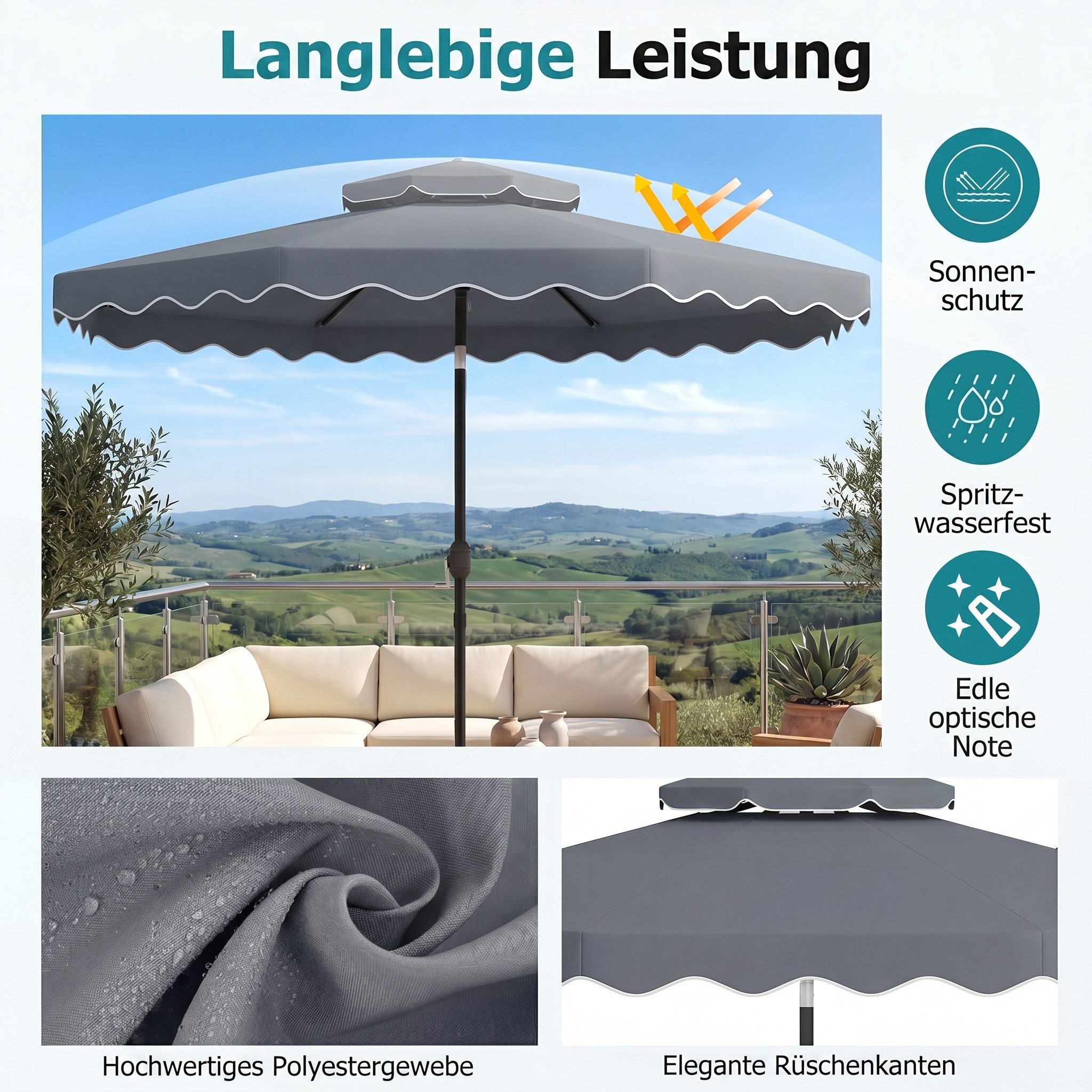 COSTWAY Sonnenschirm, LxB: 300x300 cm, Gartenschirm mit Doppeldach & Kurbel & Volant