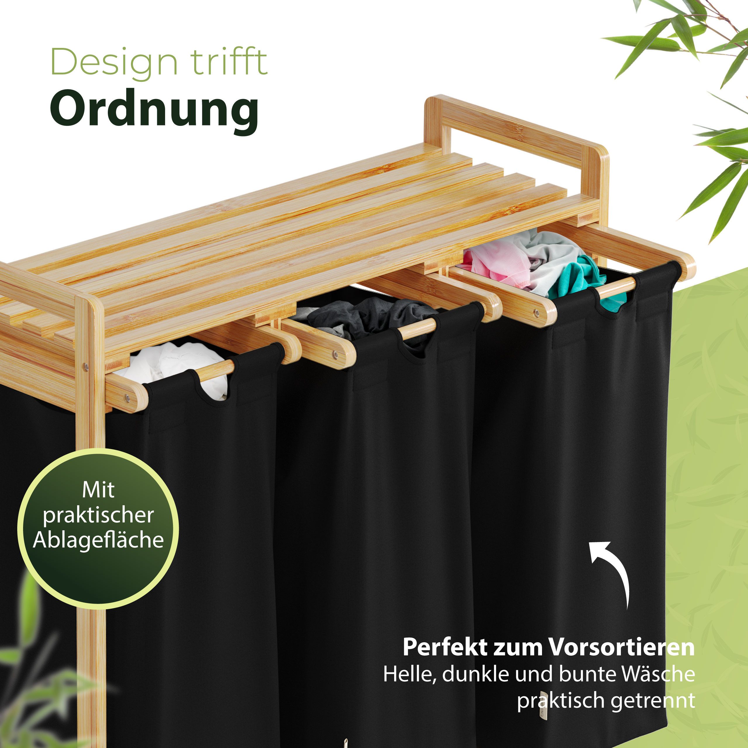 AMBIAVO Wäschekorb 3 Fächer aus Bambus günstig online kaufen