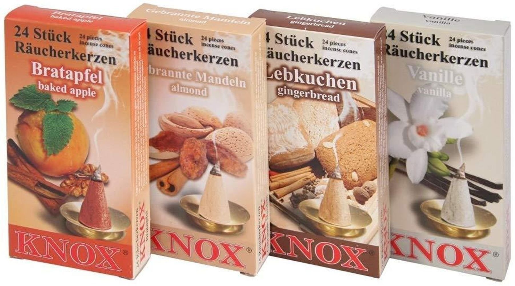 KNOX Duftkerze 4er Set Räucherkerzen Bratapfel, Gebrannte Mandeln, Lebkuche günstig online kaufen