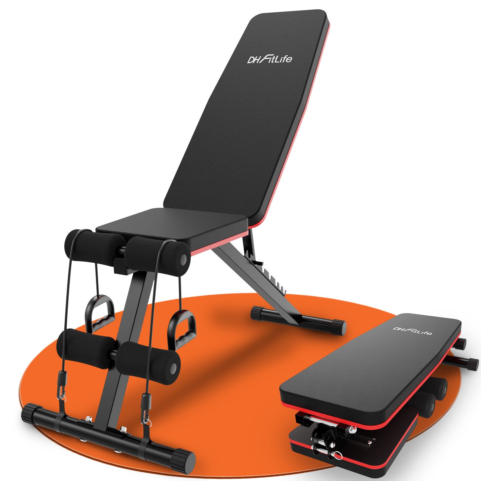 DH FitLife Hantelbank Klappbar 8 in 1, 80% Platzsparend, (für Ganzkörpertraining, Schrägbank, Bauchmuskeltrainer), Verstellbare Fitnessbank für Home Gym