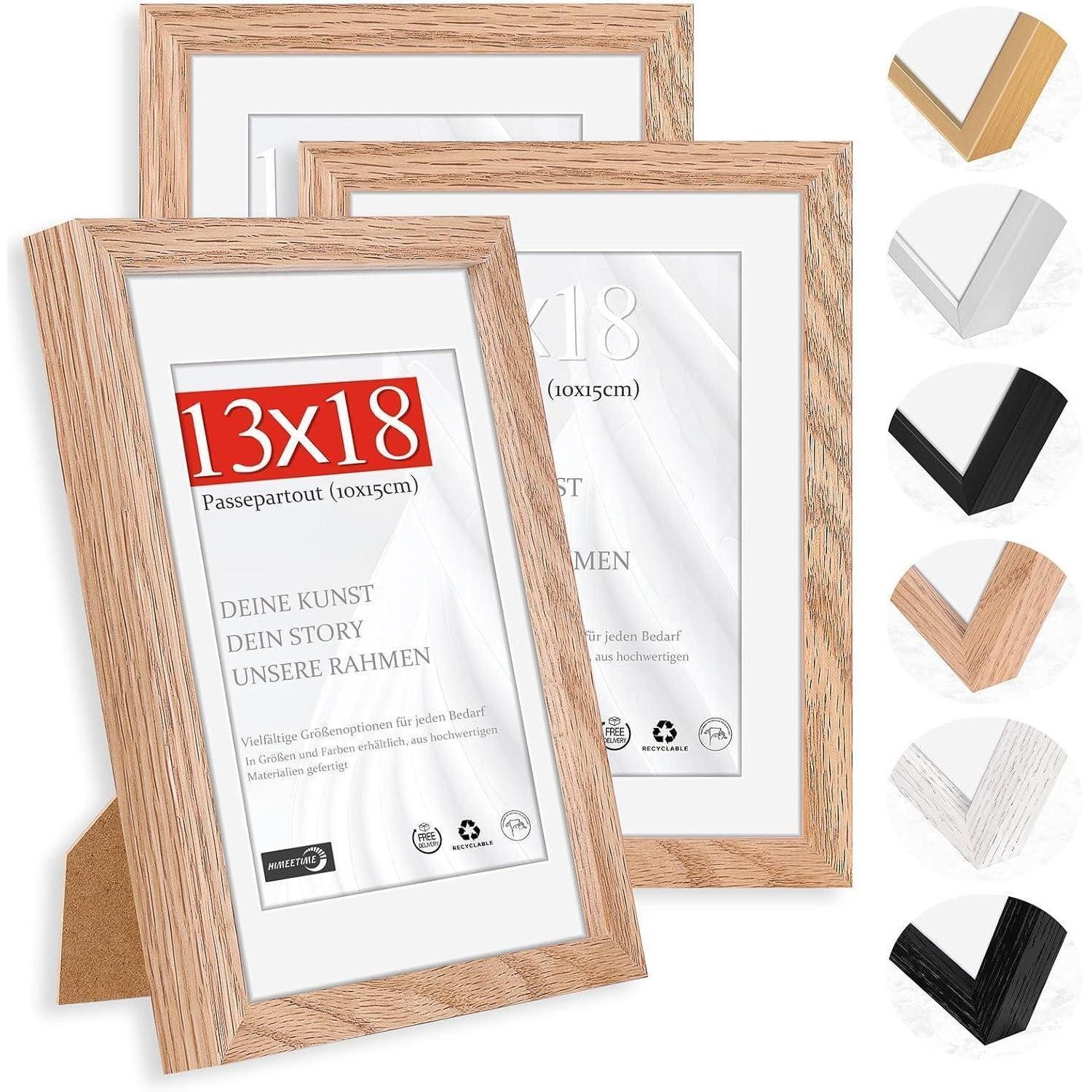 LuxusKollektion Bilderrahmen-Set Bilderrahmen Passepartout 10x15cm Wandmontage Holz Eiche 13x18cm 3x, (3 St)