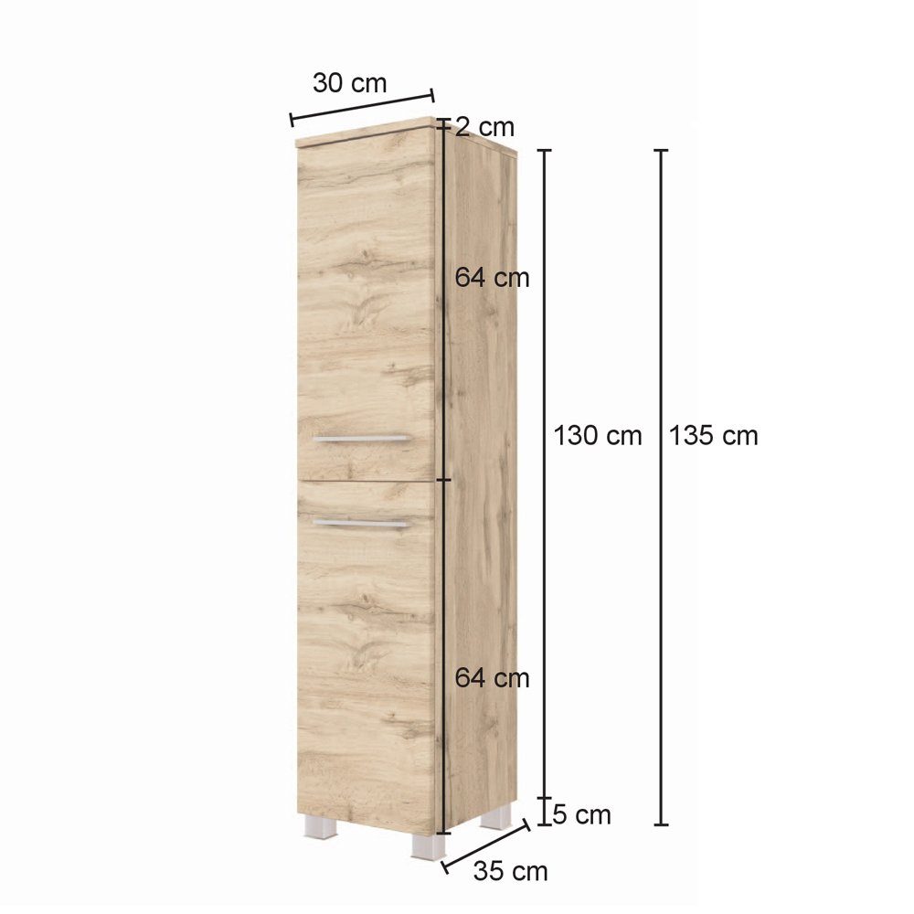 Lomadox Hochschrank LOUNY-03 Badezimmer Midischrank 30/130/35 in matt cm mit Wotaneiche : Nb. weiß