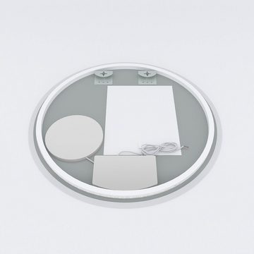 AQUABATOS Badspiegel LED Rund Badspiegel Wandspiegel mit Beleuchtung 80x80 cm (Touch-Schalter,einstellbare Helligkeit,Kaltweiß 6400K), mit 3-Fach-Vergrößerung Kosmetikspiegel und Digitaluhr Energiesparend