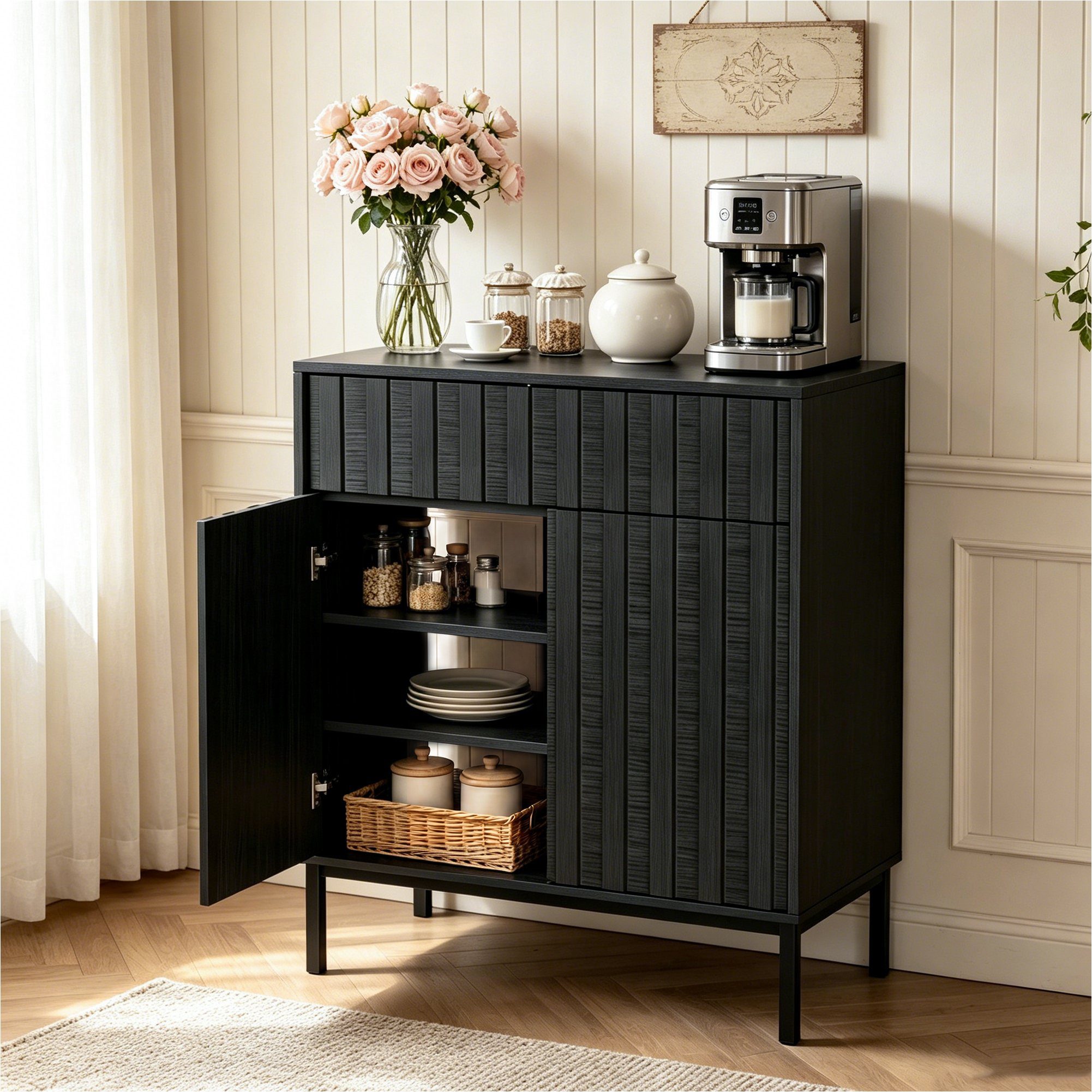 UEV Sideboard mit Schublade & 2Türen, Küchenschrank Buffetschrank Kaffeebar Schrank (Sideboard mit Schublade & 2Türen Schwarz/Natur/Braun), 70x37x88,5 cm, Aufbewahrungsschrank Schrank mit Kippschutz