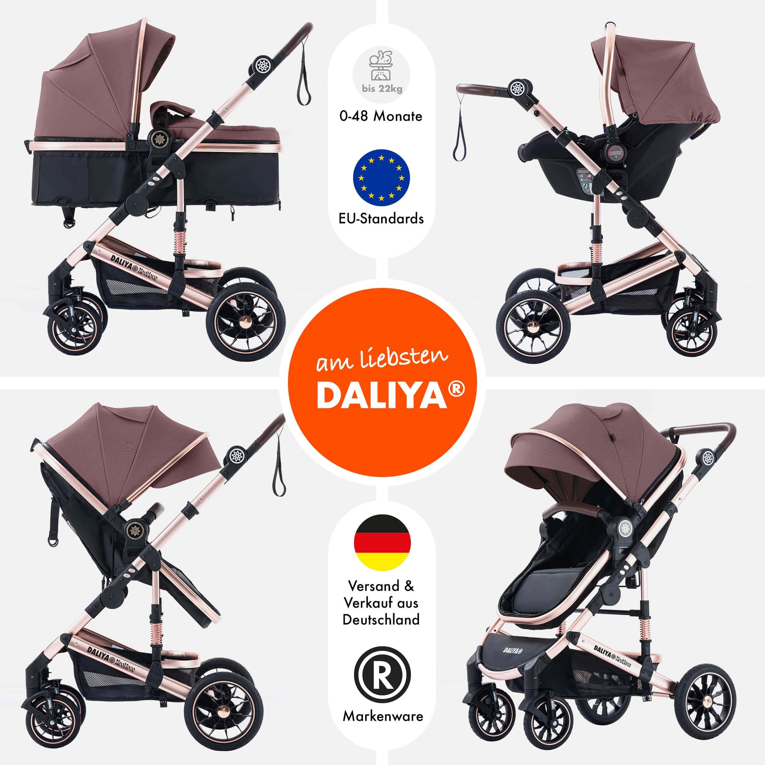Daliya® Kombi-Kinderwagen NEOMOVE 3in1 Kinderwagen mit i-Size Babyschale & Buggy, (Reise-Set, 10-tlg), Kinderwagen mit i-Size Babyschale, Alu-Rahmen, Großer Einkaufskorb