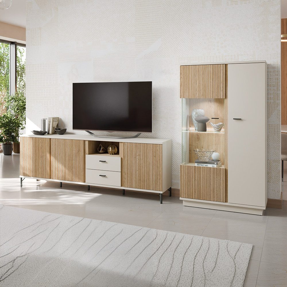 Lomadox Wohnwand MOLINA-129, (2-St., Highboard Lowboard), Wohnzimmermöbel in Eiche & kaschmir mit Softclose & LED-Beleuchtung