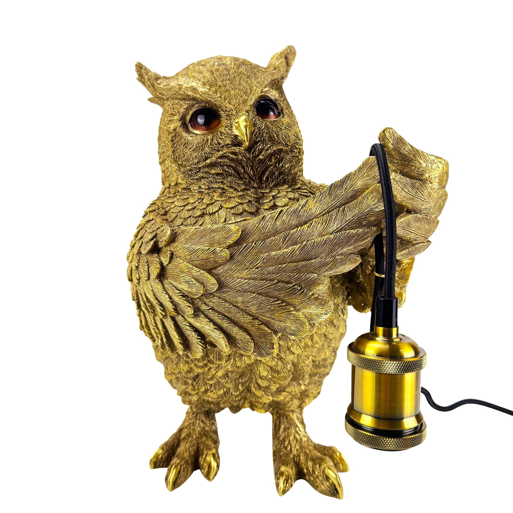 Online-Fuchs Tischleuchte - imposante Dekolampe goldene Eule für Wohnzimmer & Sideboard, E27 Glühbirne wechselbar, indirekte Beleuchtung, auch als Nachttischlampe bestens geeignet - 36 cm groß