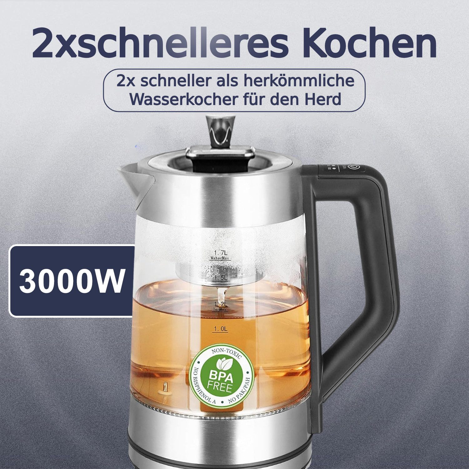 Forrlite Wasserkocher Wasserkocher aus Glas&Edelstahl, mit Temperatureinstellung und Teesieb, 3000 W, Temperaturwahl 0 °C- 100 °C, Warmhaltefunktion, LED‑Farbring,BPA‑frei