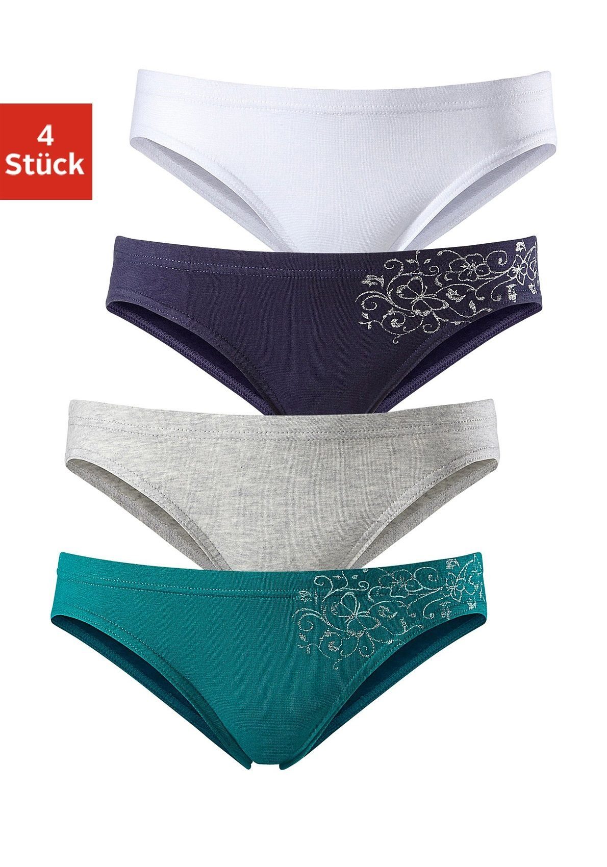 petite fleur Bikinislip (Packung, 4-St) mit floralem Glitzerdruck, Baumwollmischung