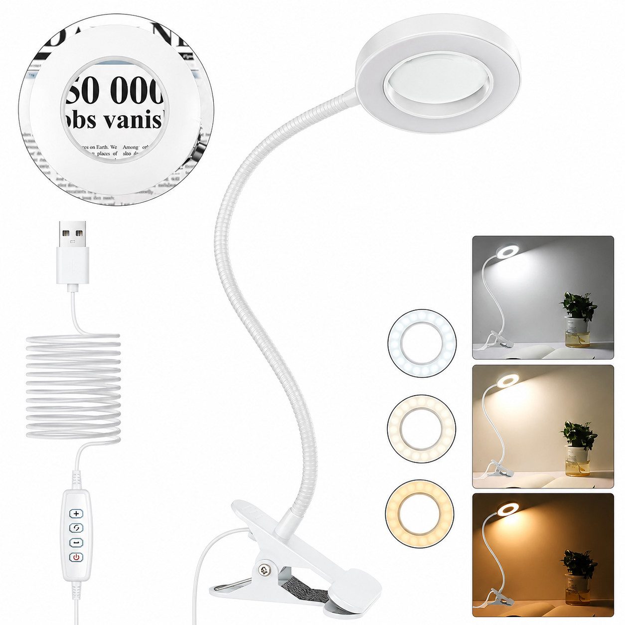 PRIISF Klemmleuchte LED Lupenleuchte Klemmbar Arbeitsplatzlampe Lupe mit Licht und Ständer, Touch-Dimmbar, 5X Dioptrien Lupenleuchte Buchlampe Lupenlampe Ringlicht 360° Flexibel, Schwanenhals Lampe 3 Einstellbare Farben und 10 Helligkeitsstufen, für Diamond Painting Zubehör Lesen Basteln Juweliere Modellbau