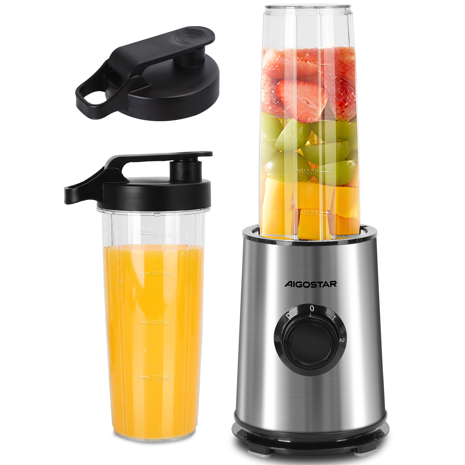 Smoothie-Maker Mini Standmixer, 600W, Ice-Crush-Funktion, 2 x 800ml Becher, BPA-frei