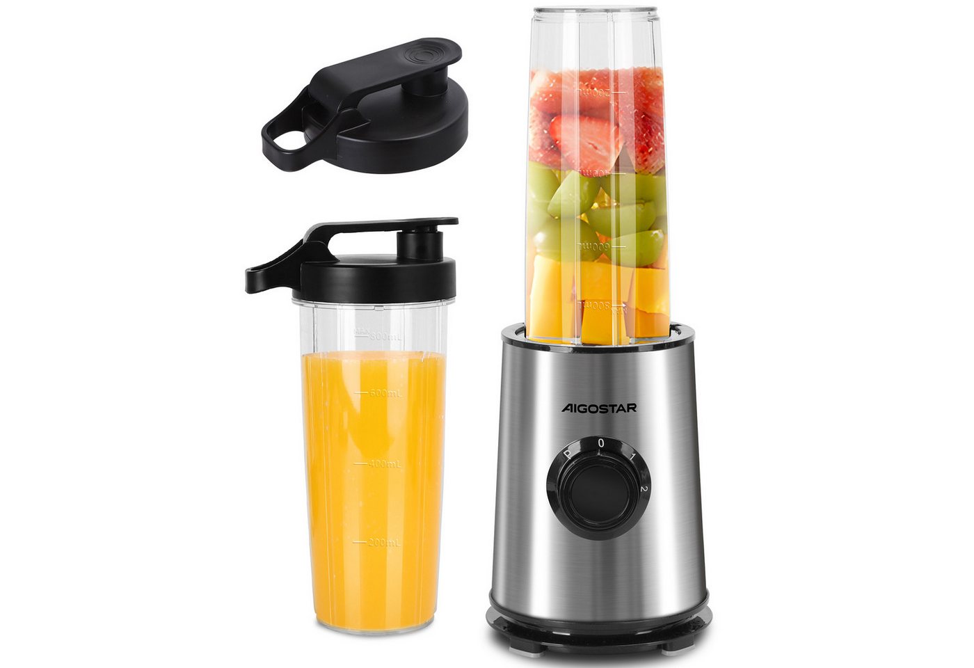 Aigostar Smoothie-Maker Mini Standmixer, 600W, Ice-Crush-Funktion, 2 x 800ml Becher, BPA-frei, 600 W, 2 Geschwindigkeitsstufen + Impulsfunktion, Tritan-Kunststoff Flasche